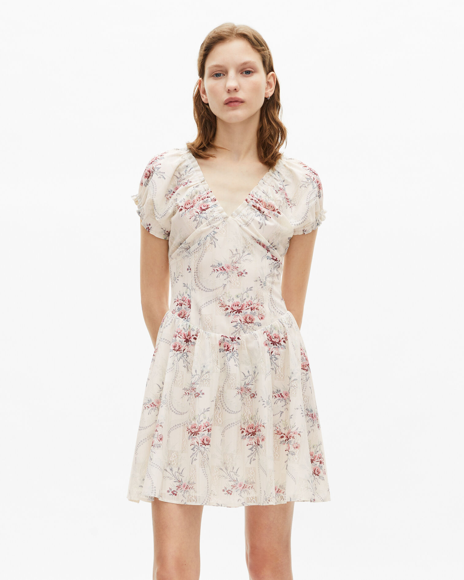 Kurzes weißes Kleid mit Blumenmuster, OFF WHITE / PINK, hi-res image number null