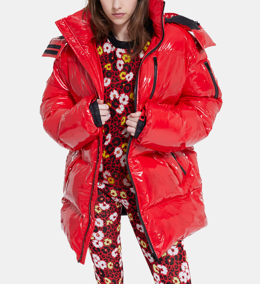 Red oversized vinyl down jacket with straps and logo The Kooples US