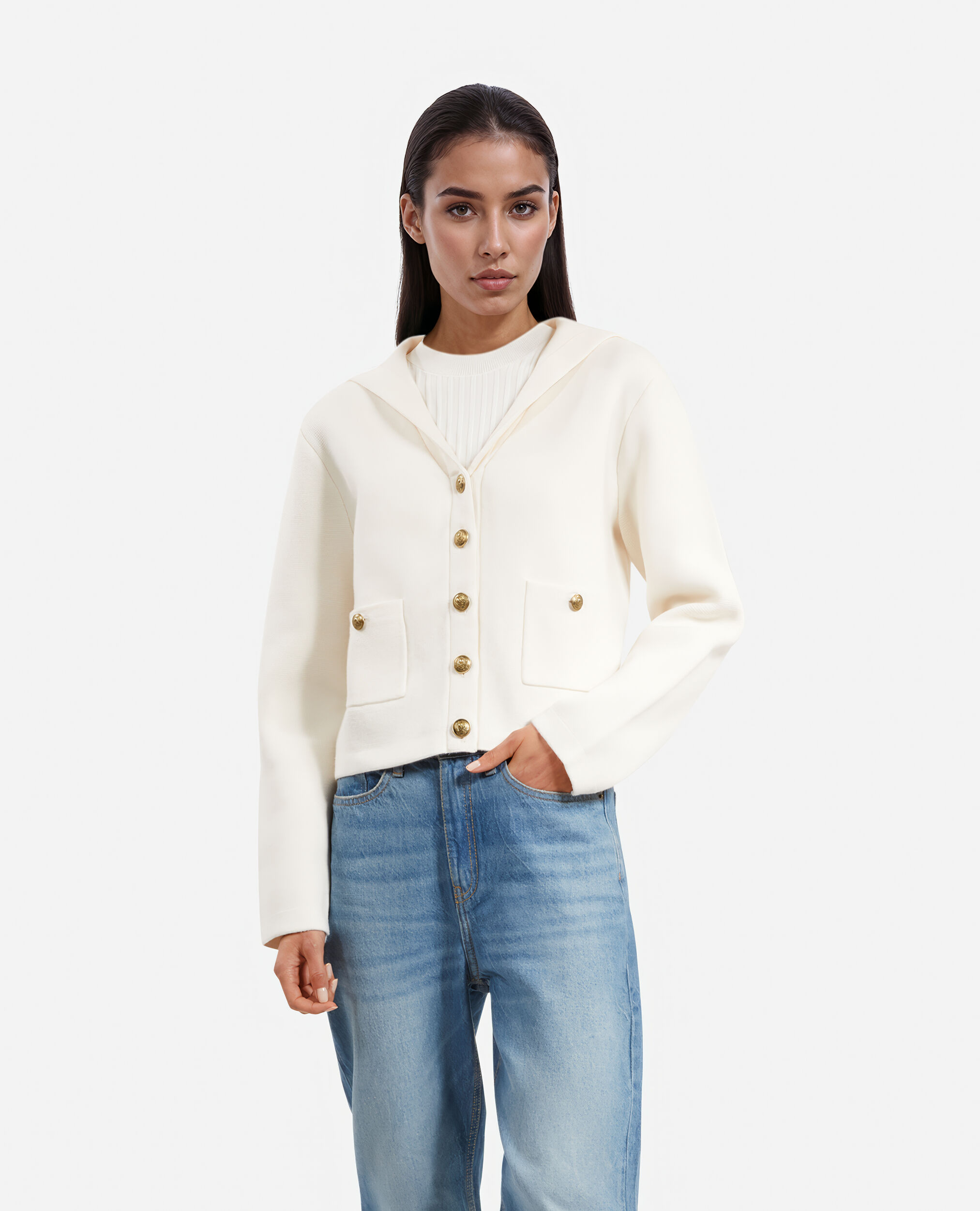 Ecru cotton and wool cardigan, ECRU, hi-res image number null