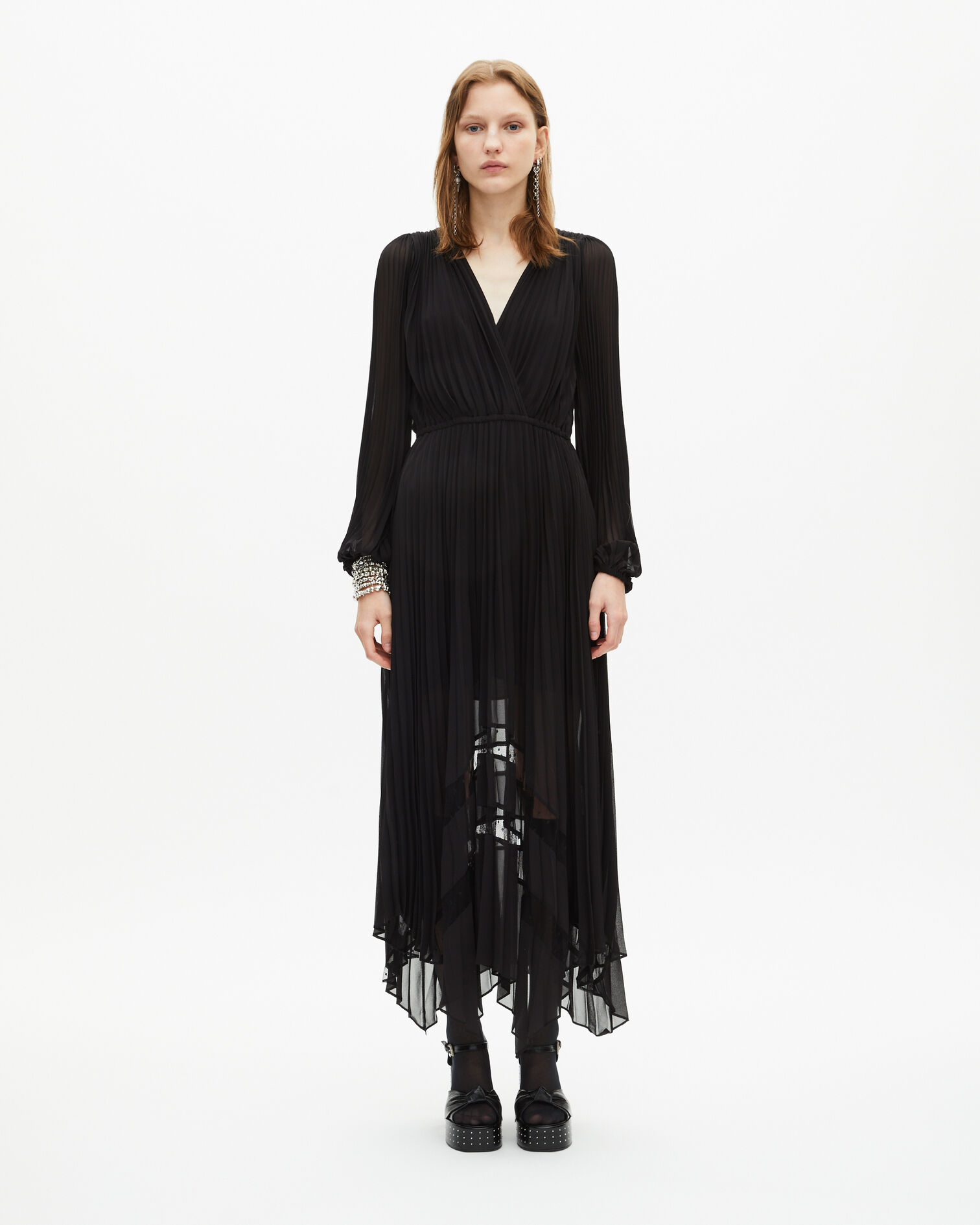 Robe longue plissée avec dentelle noire, BLACK, hi-res image number null