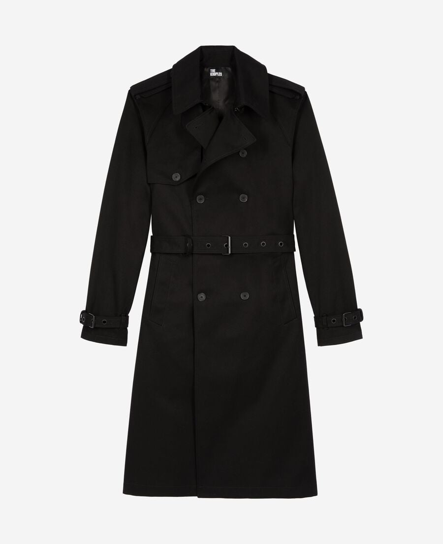 The Kooples MEN BLACK straight cut black cotton trench coat