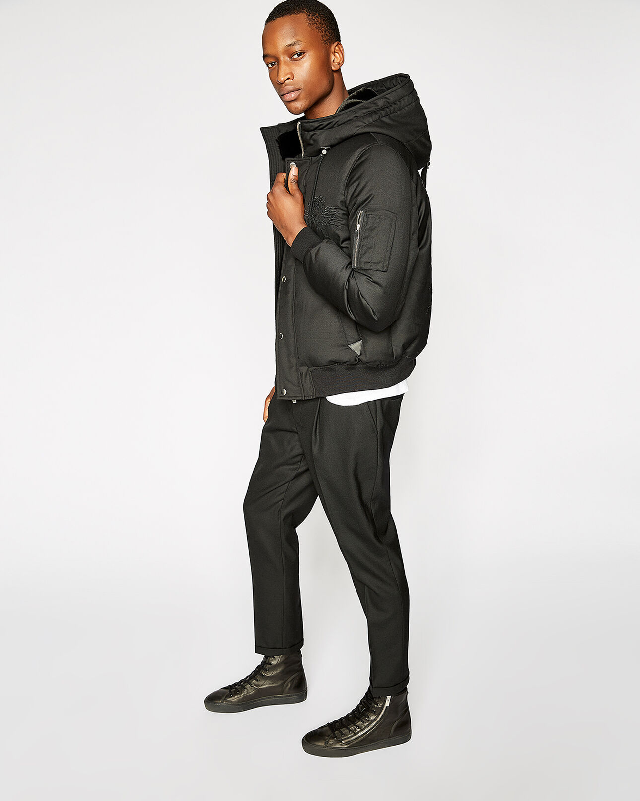 The Kooples HERREN BLACK schwarze daunenjacke mit wildleder- und ledereinsätzen