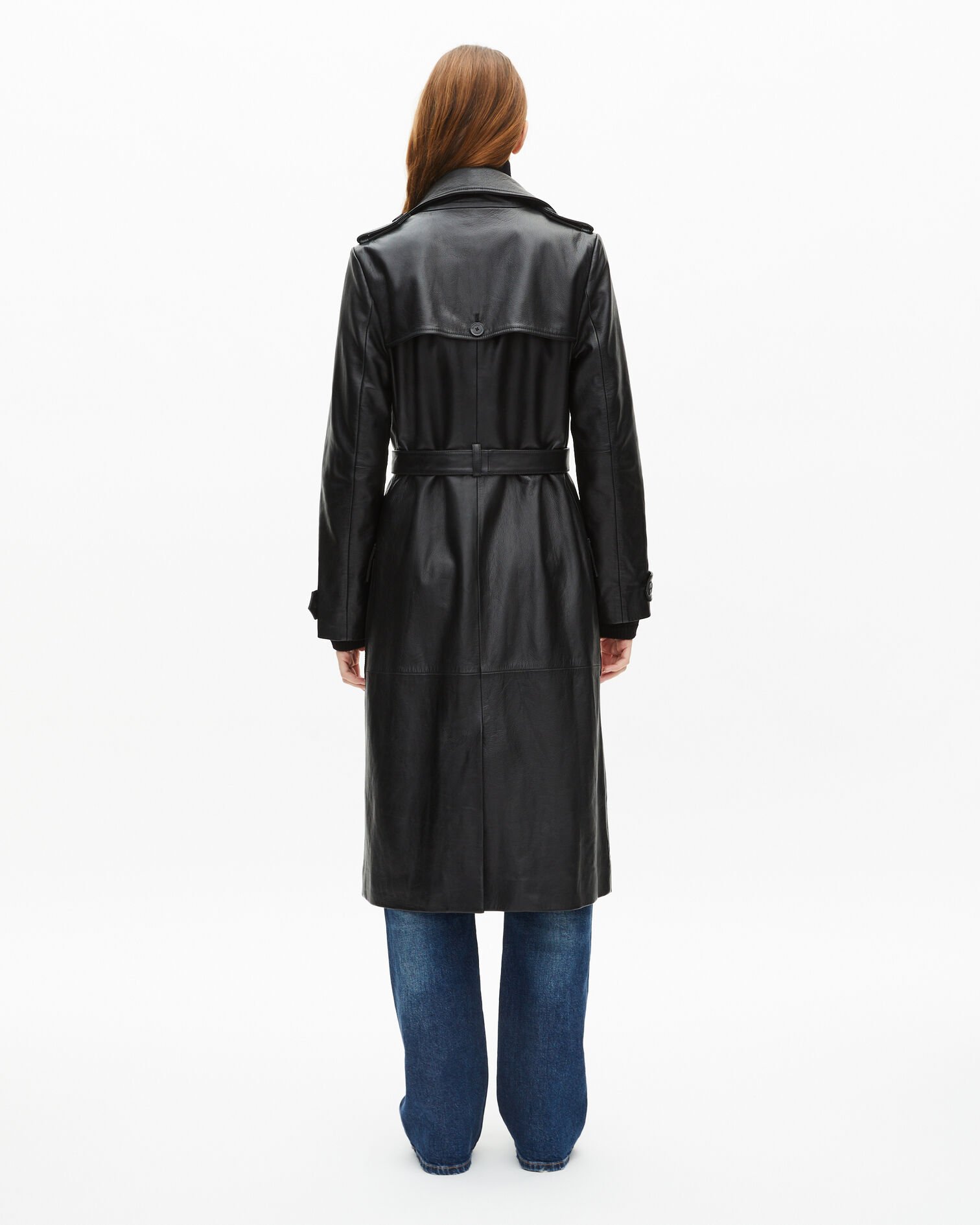 Long black leather trench coat, BLACK, hi-res image number null