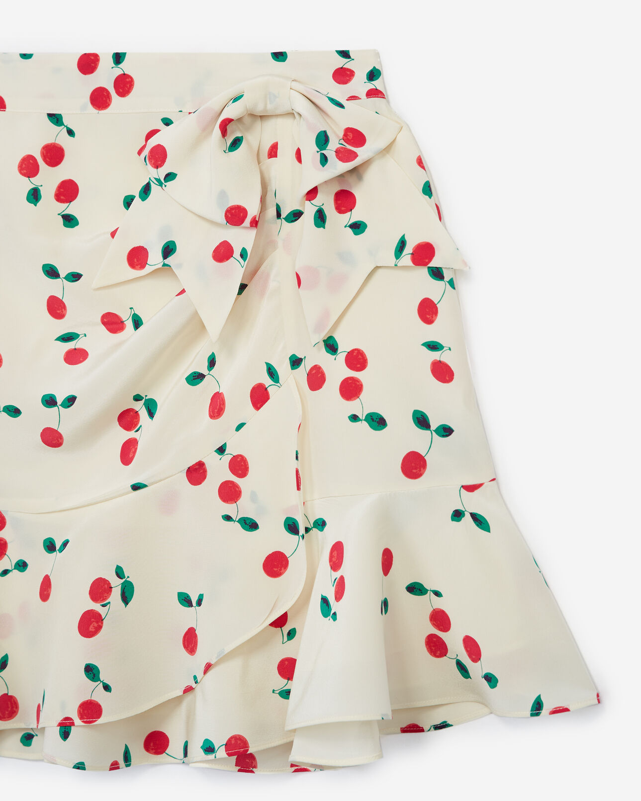 The Kooples FEMME ECRU RED jupe courte soie écrue volants imprimé cerise