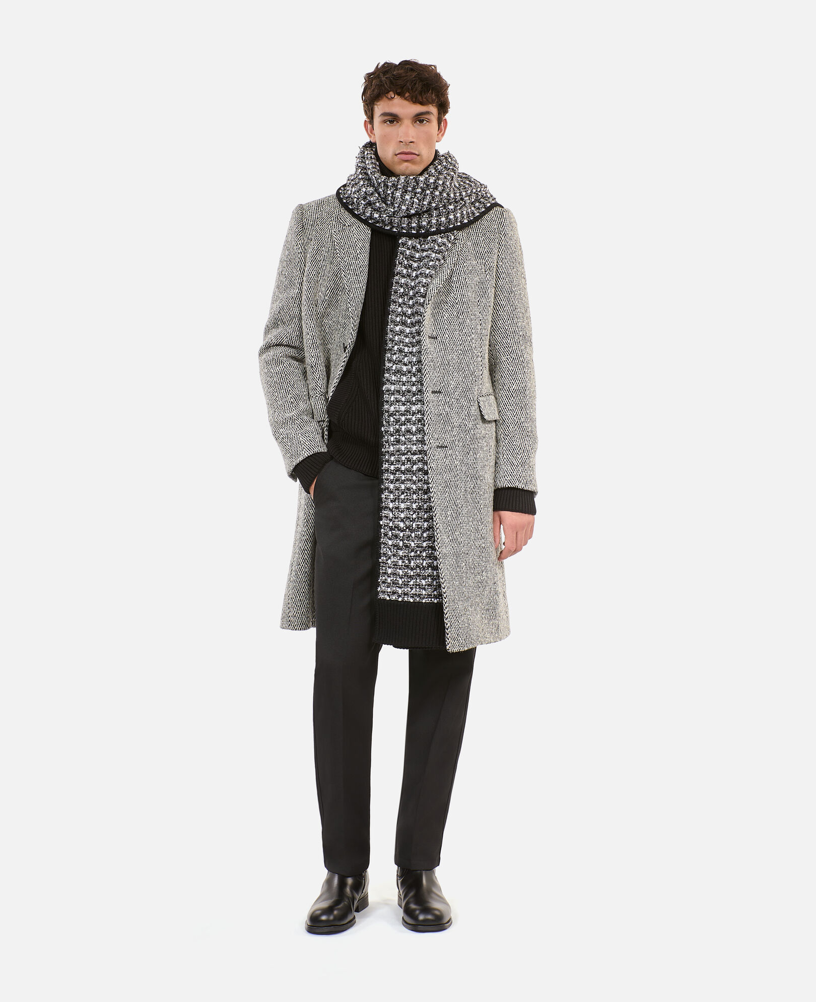 The Kooples MEN BLACK WHITE long black and white herringbone coat