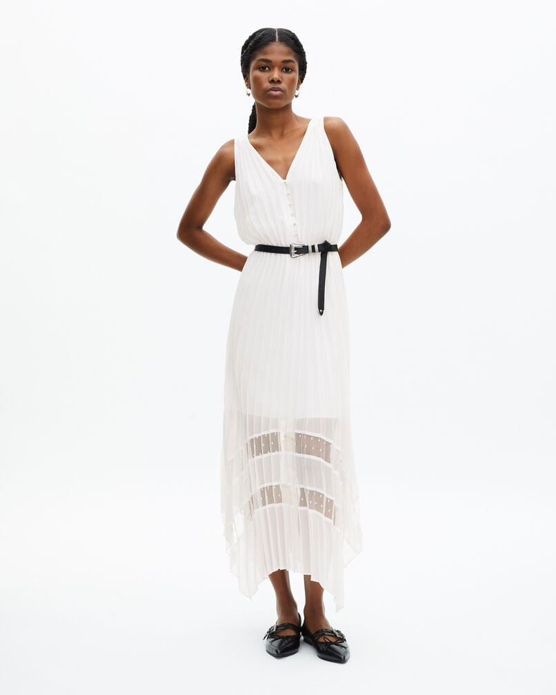 The Kooples WOMEN ECRU white plumetis long pleated dress