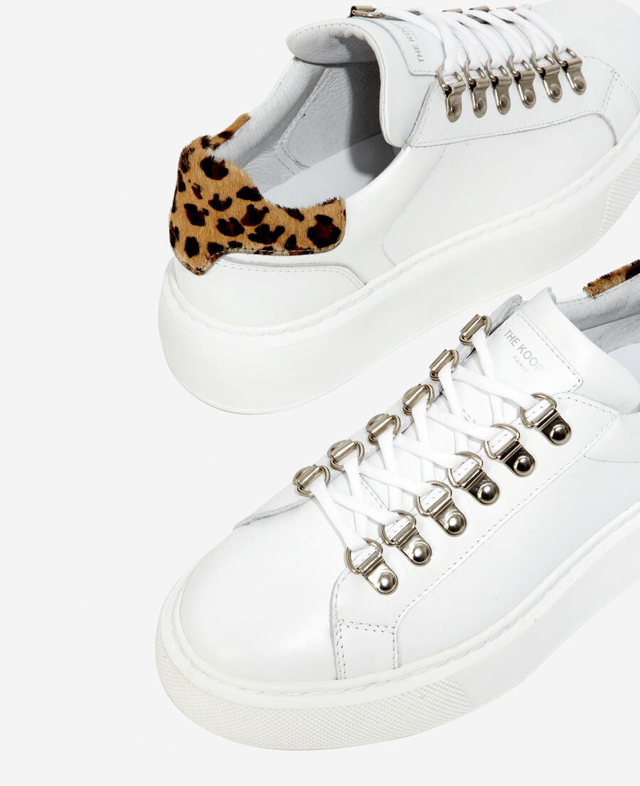 white smooth leather sneakers with leopard detail