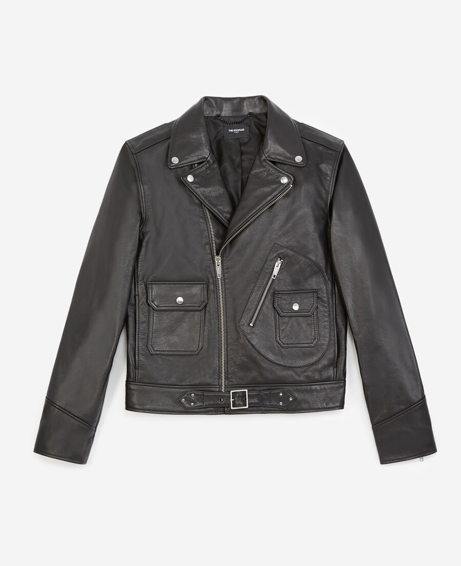 Leather black biker jacket w/epaulettes The Kooples