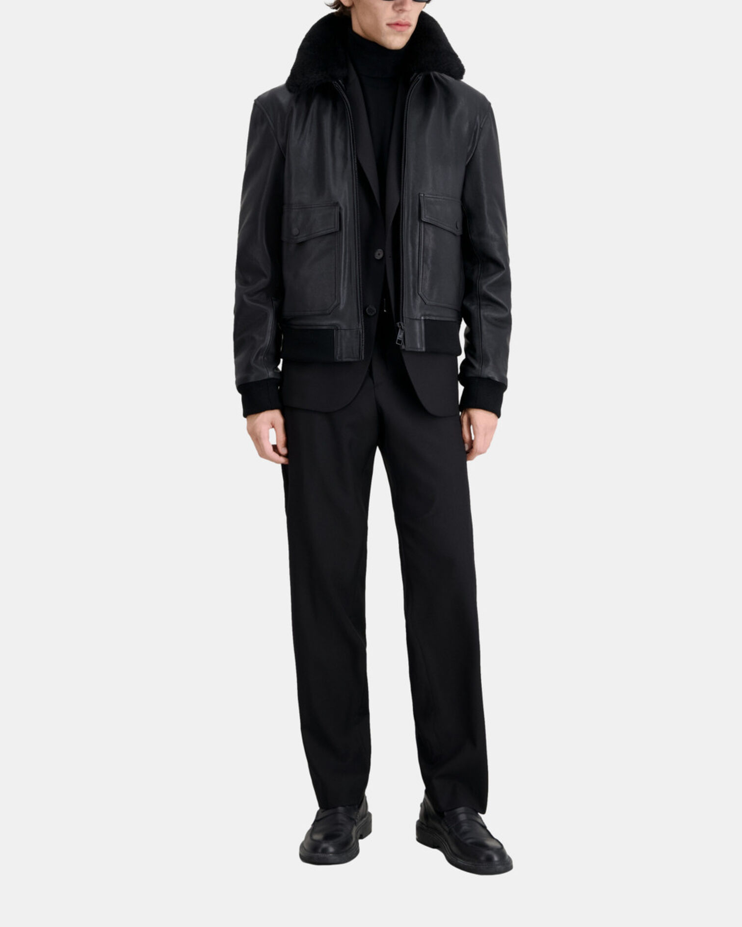 Blouson aviateur en cuir noir, BLACK, hi-res image number null