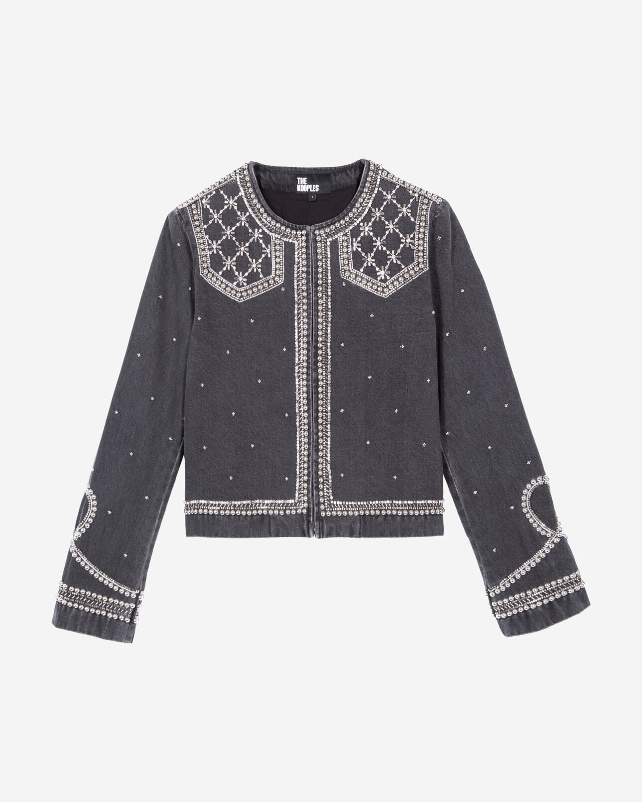 The Kooples WOMEN BLACK WASHED denim jacket with studs and grey beads