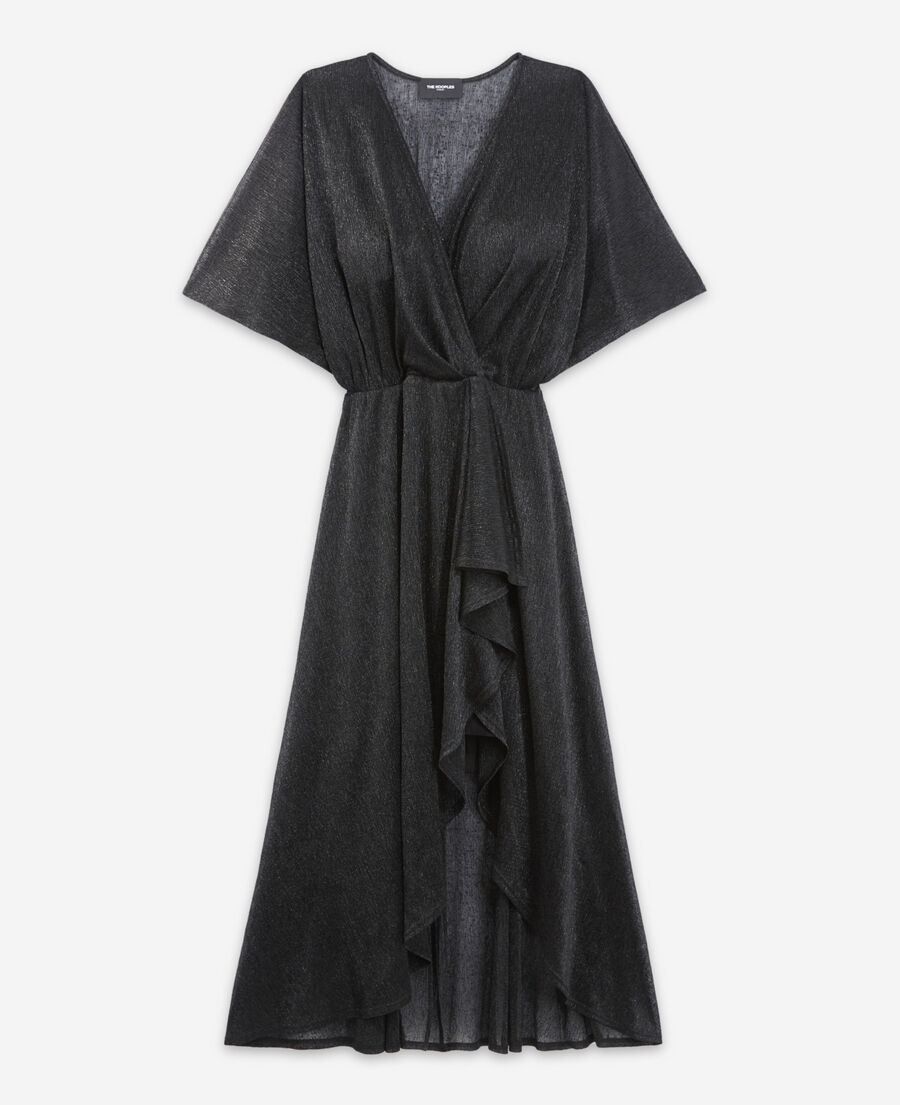 long black dress with wrap draping in lurex