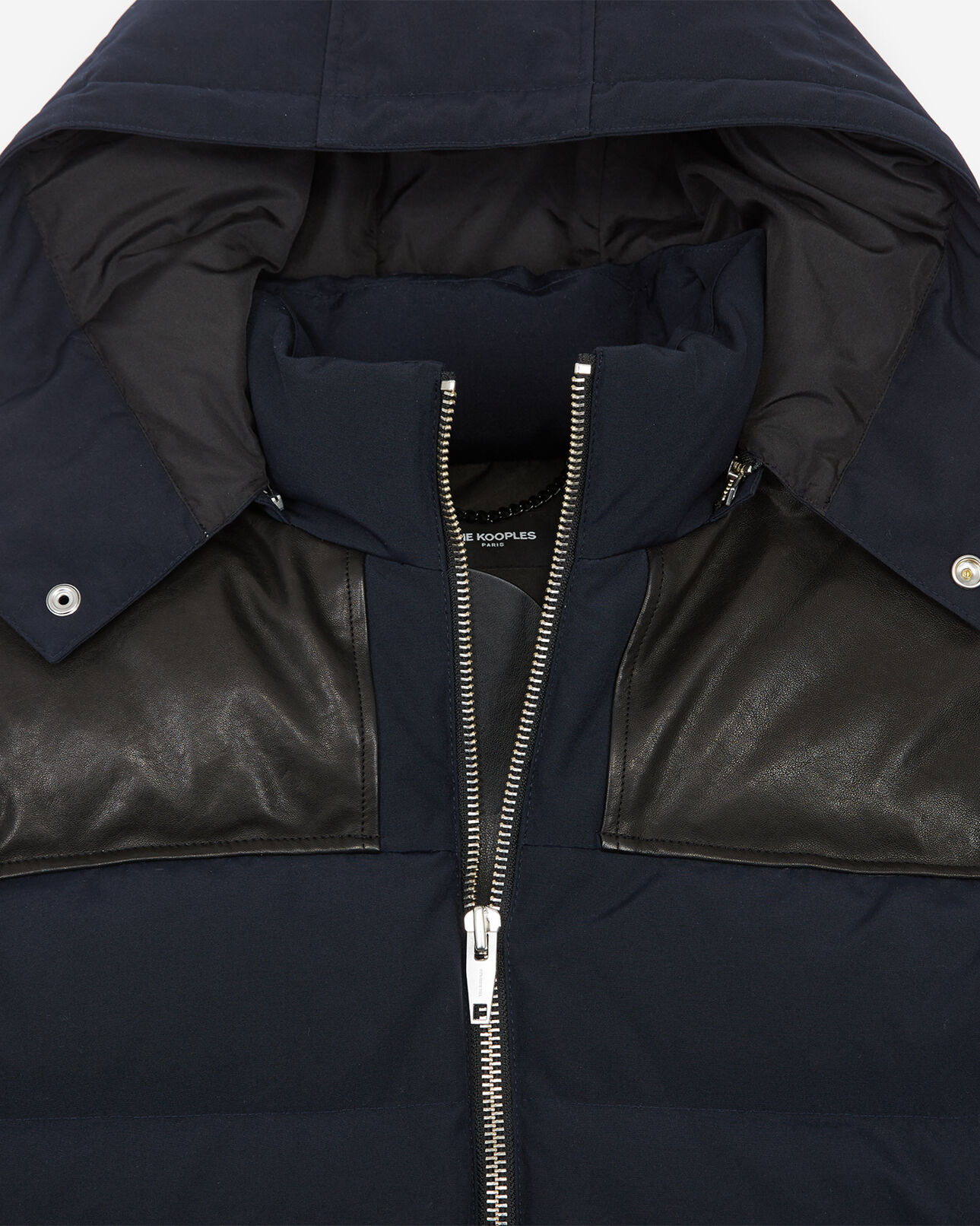 The Kooples HOMME NAVY / BLACK doudoune avec col en cuir et capuche fourree