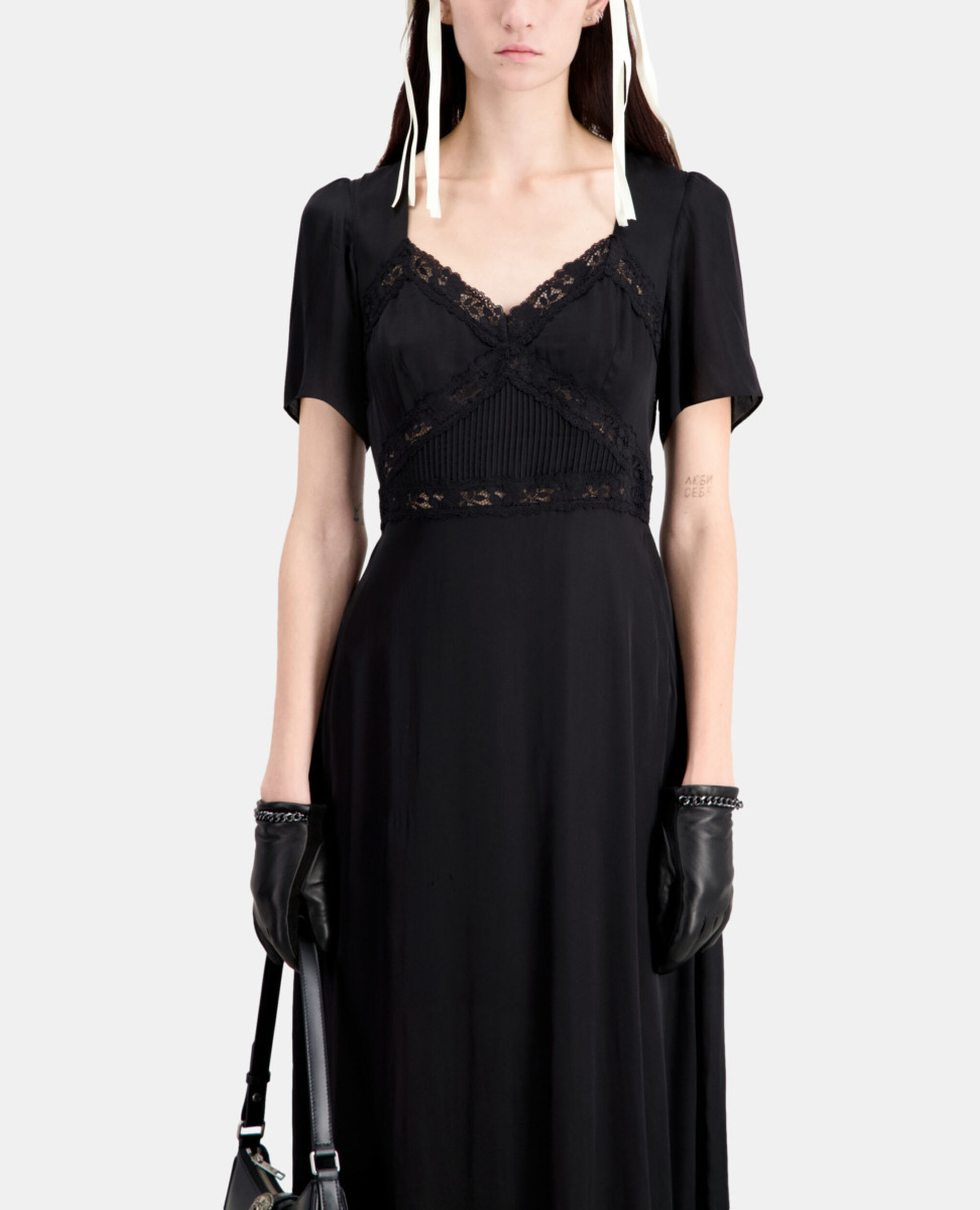 Long black dress with lace details, BLACK, hi-res image number null