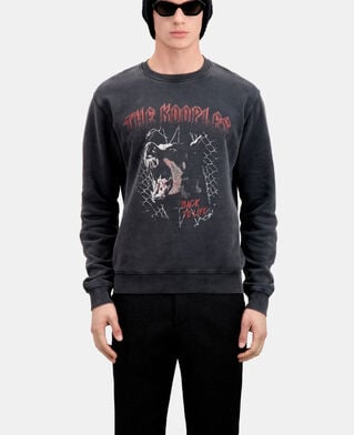 The Kooples HERREN BLACK WASHED herren schwarzes sweatshirt mit barking-dog-siebdruck
