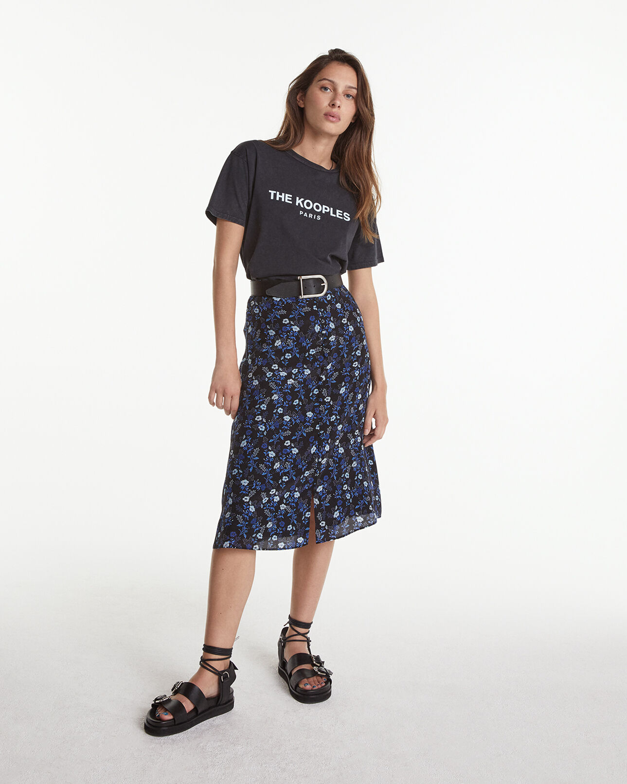 The Kooples FEMME BLUE jupe mi-longue fluide bleue à motifs