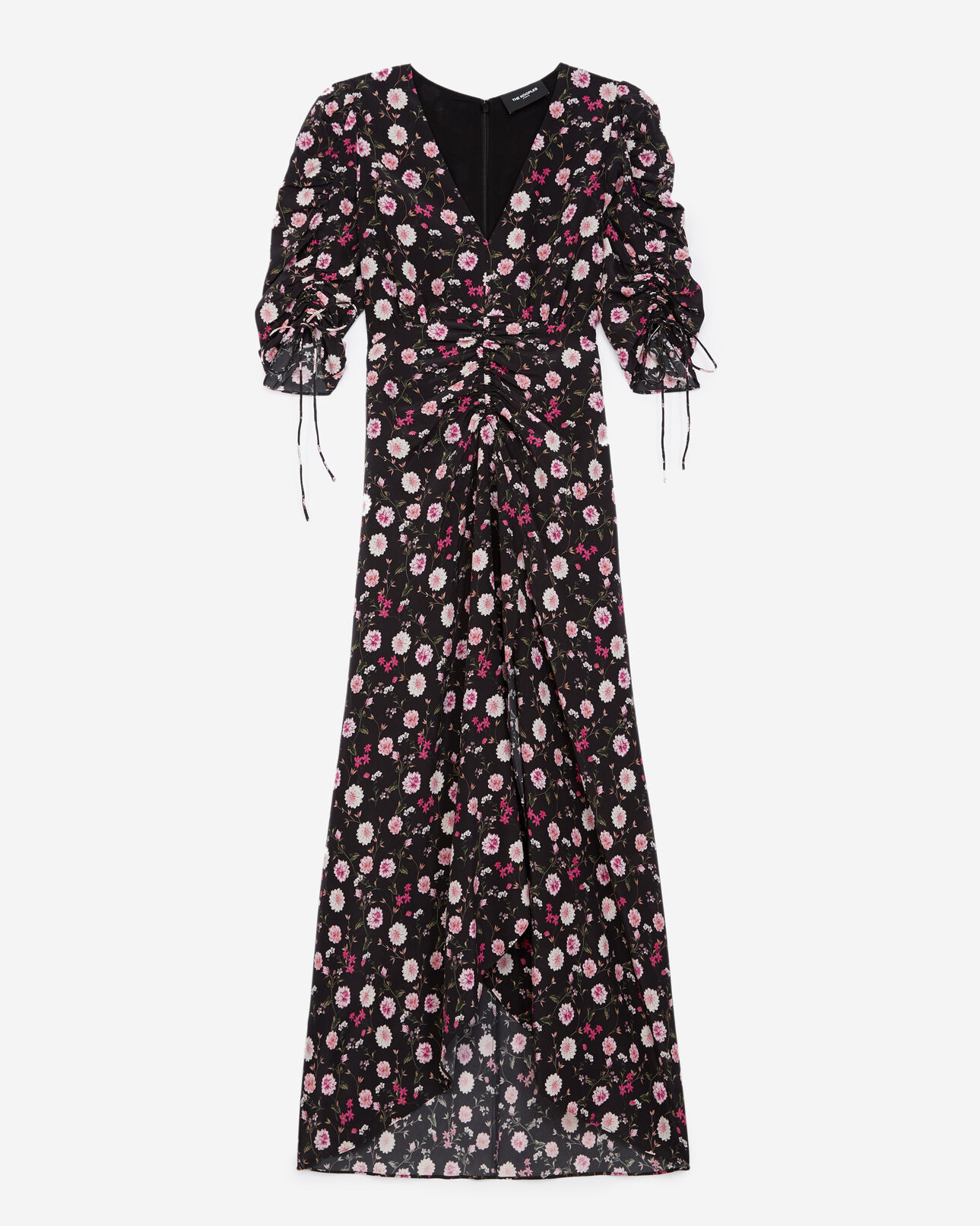 The Kooples FEMME BLACK / PINK robe longue noire et rose imprimé fleuri