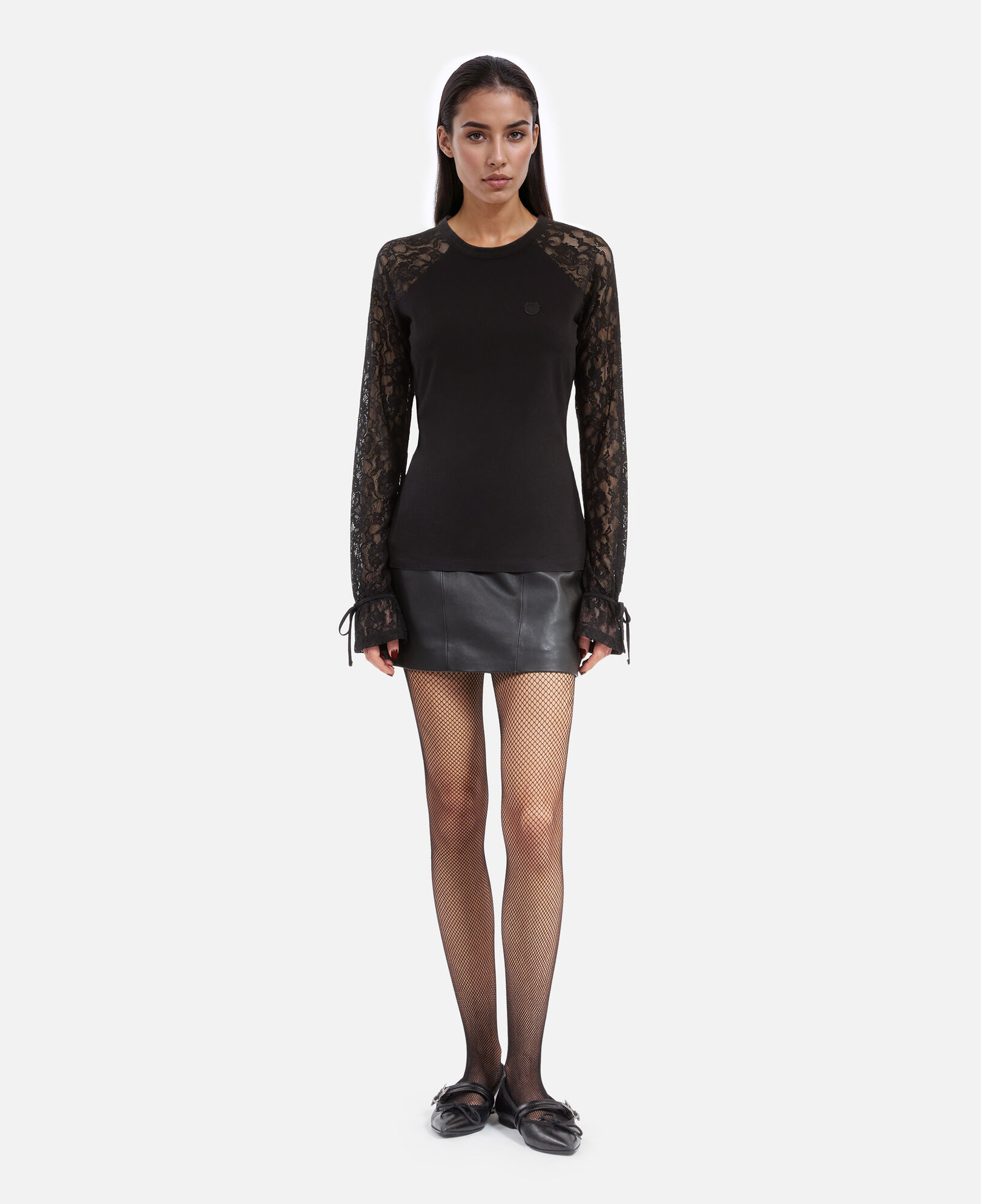 The Kooples FEMME BLACK WASHED t-shirt manches longues en dentelle noir