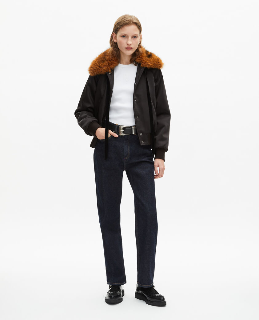 The Kooples FEMME BLACK blouson col fourrure satin&eacute; noir