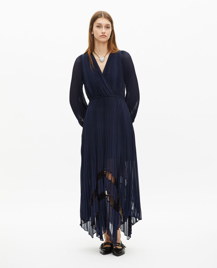 The Kooples FEMME NAVY robe longue pliss&eacute;e avec dentelle bleu marine