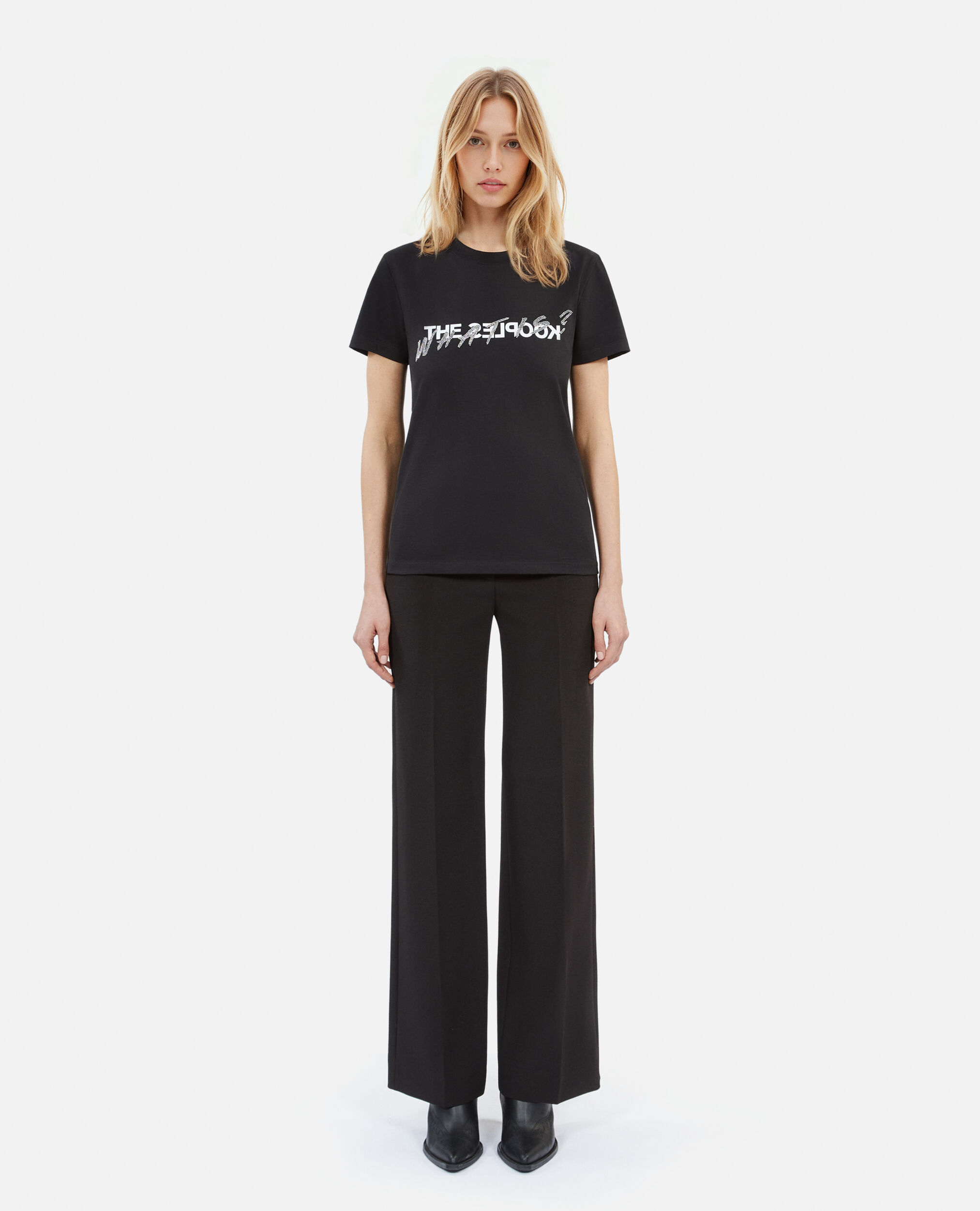Schwarzes T-Shirt mit „What is“-Strassbesatz, BLACK, hi-res image number null