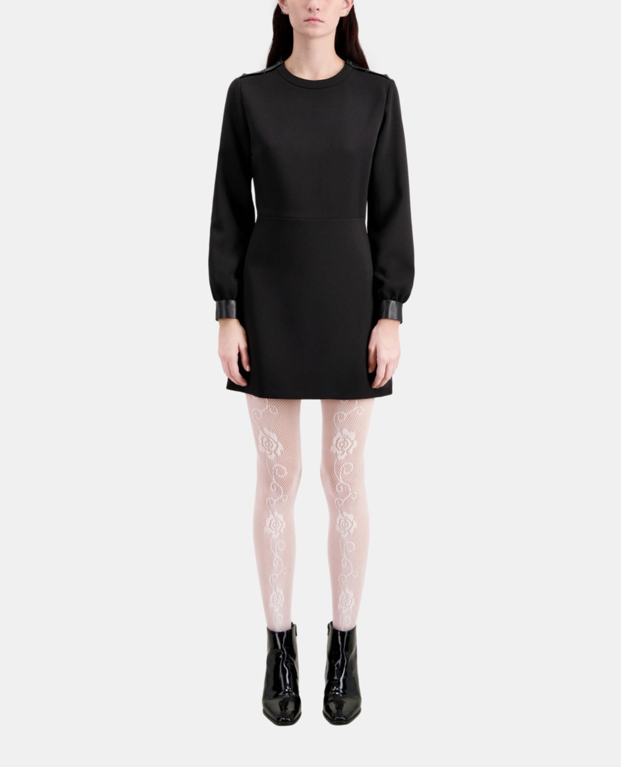 Short crepe dress with leather details, BLACK, hi-res image number null