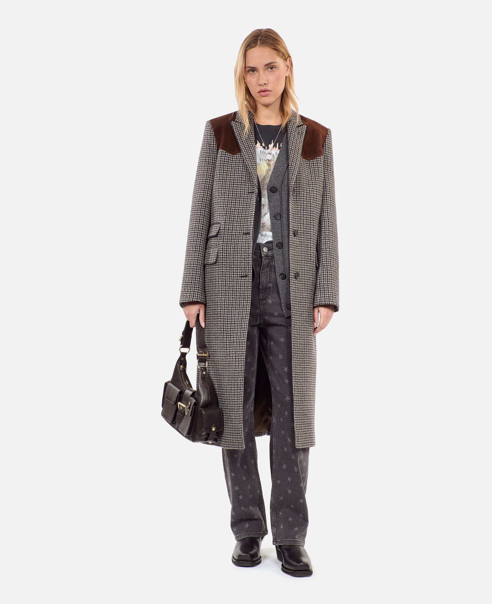 The Kooples FEMME BLACK WHITE manteau long pied de poule noir et blanc