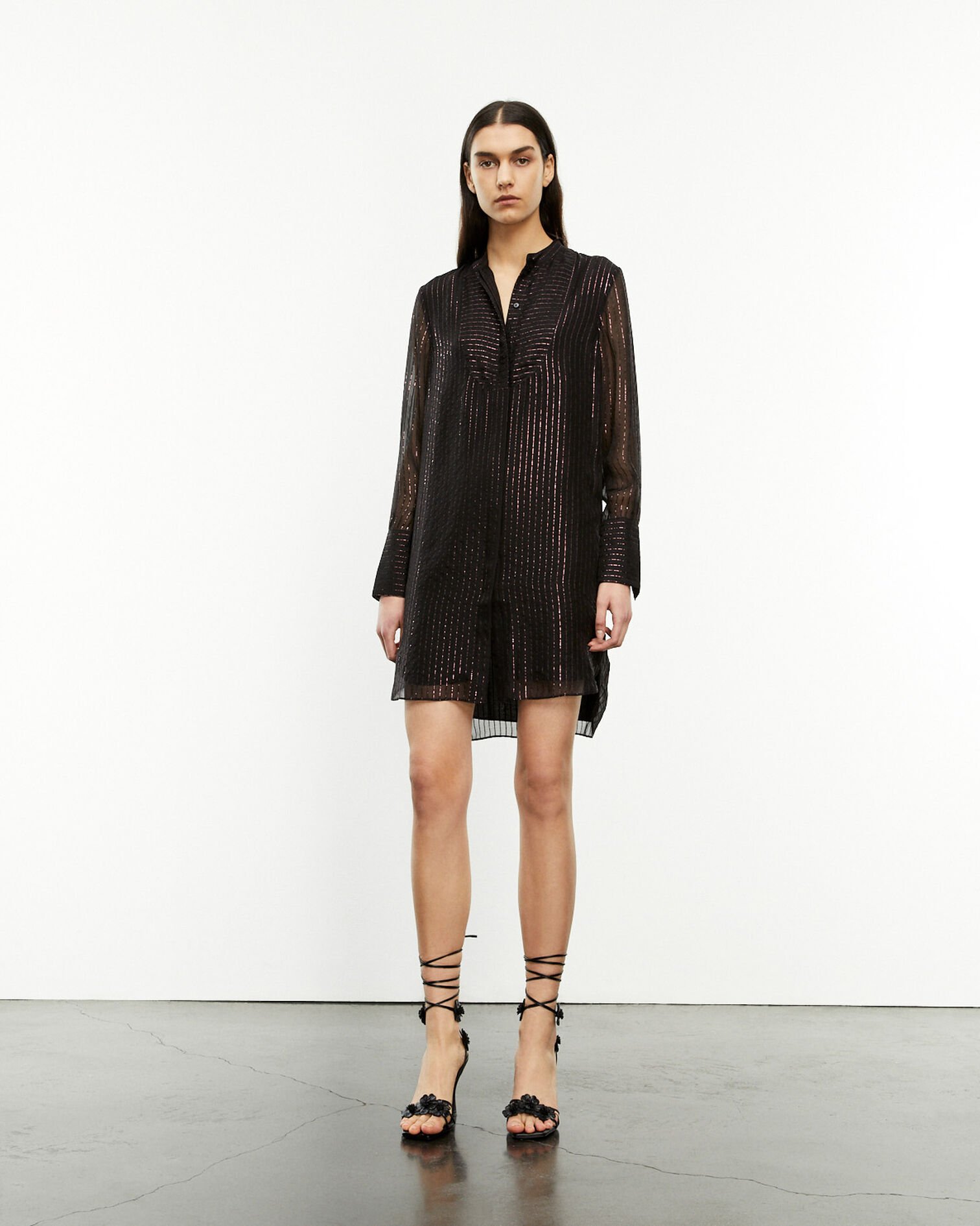 Robe courte noire façon chemise rayée, BLACK, hi-res image number null