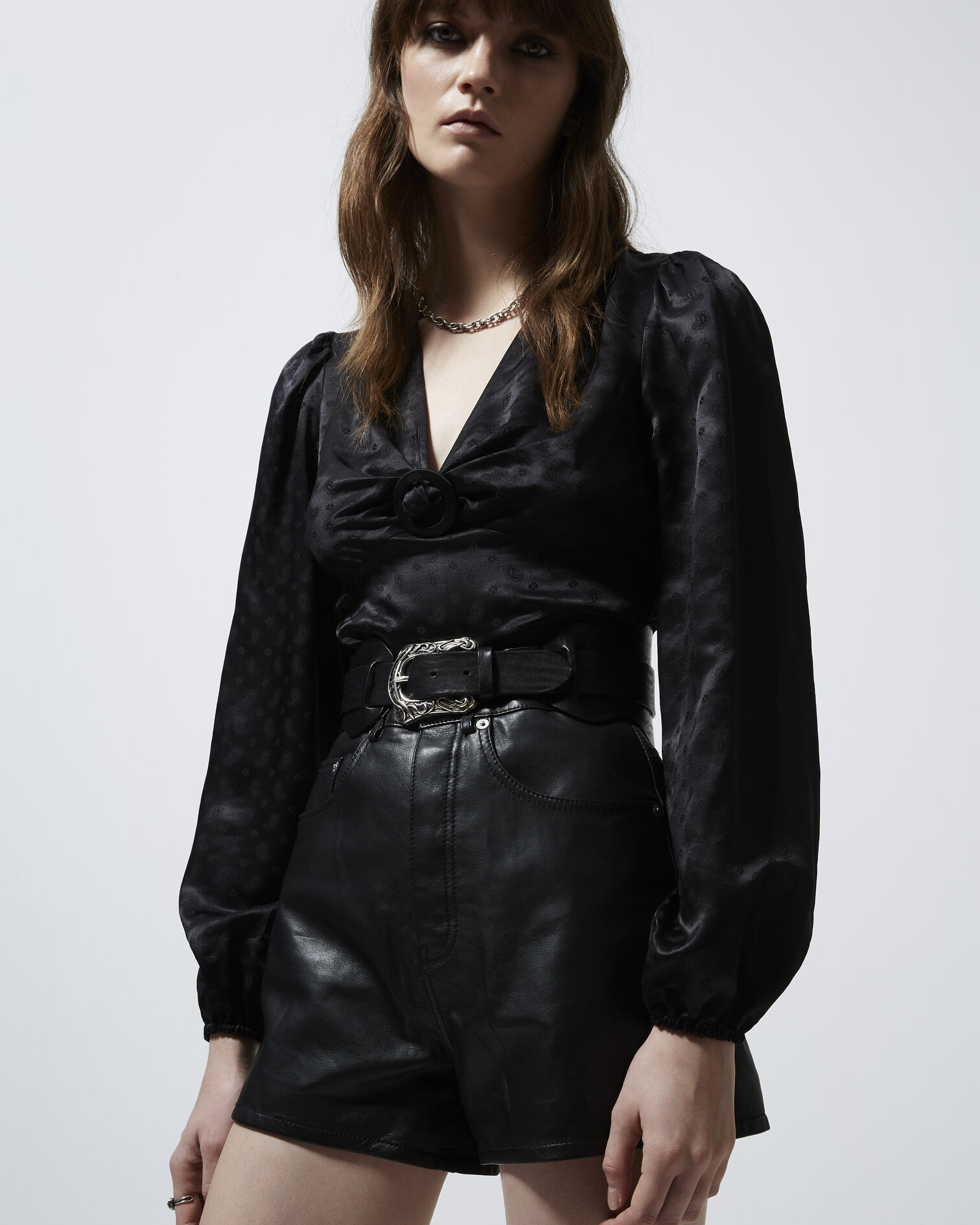 Jacquard black rock-style top w/paisley motif, BLACK, hi-res image number null