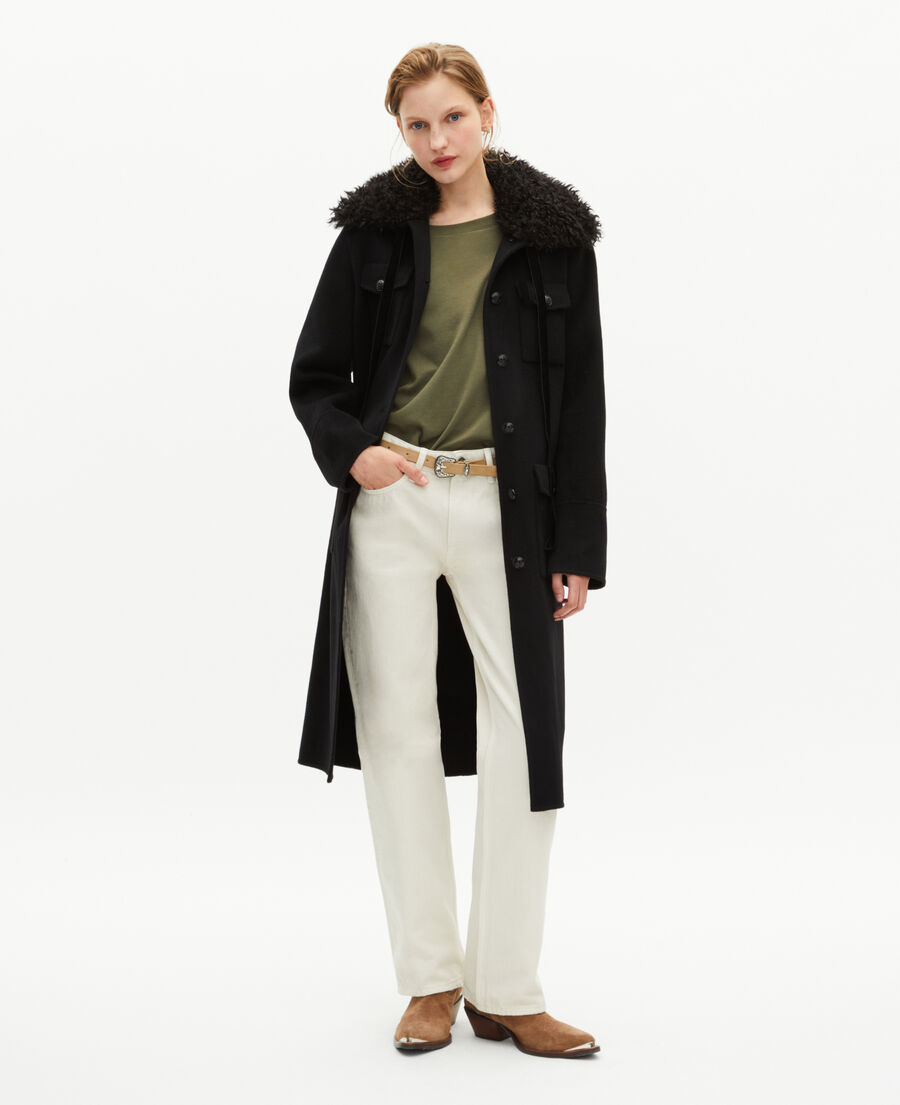The Kooples DAMEN BLACK langer mantel double face sherpa-kragen schwarz