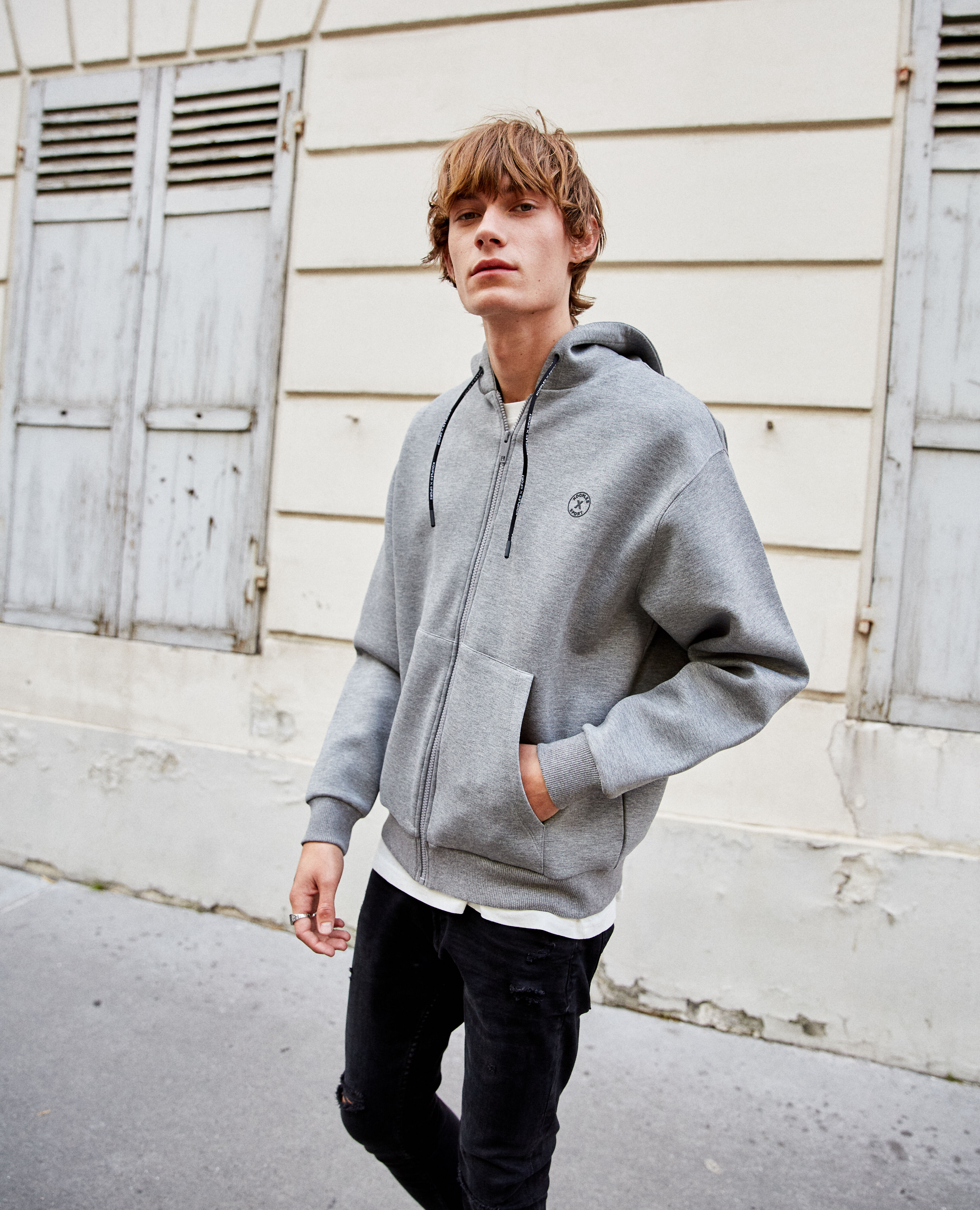 Hooded grey neoprene sportswear jacket The Kooples Men