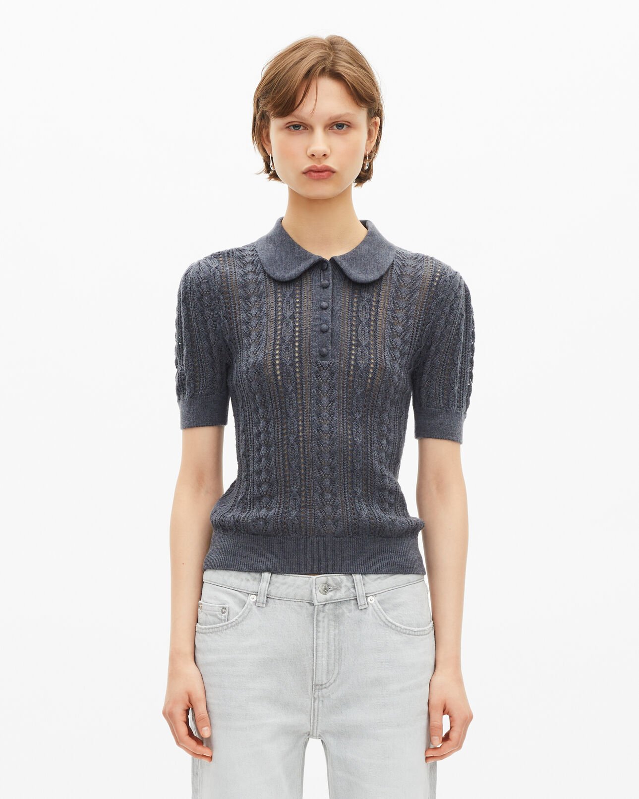 The Kooples FEMME ANTHRACITE pull manches courtes en laine mérinos gris
