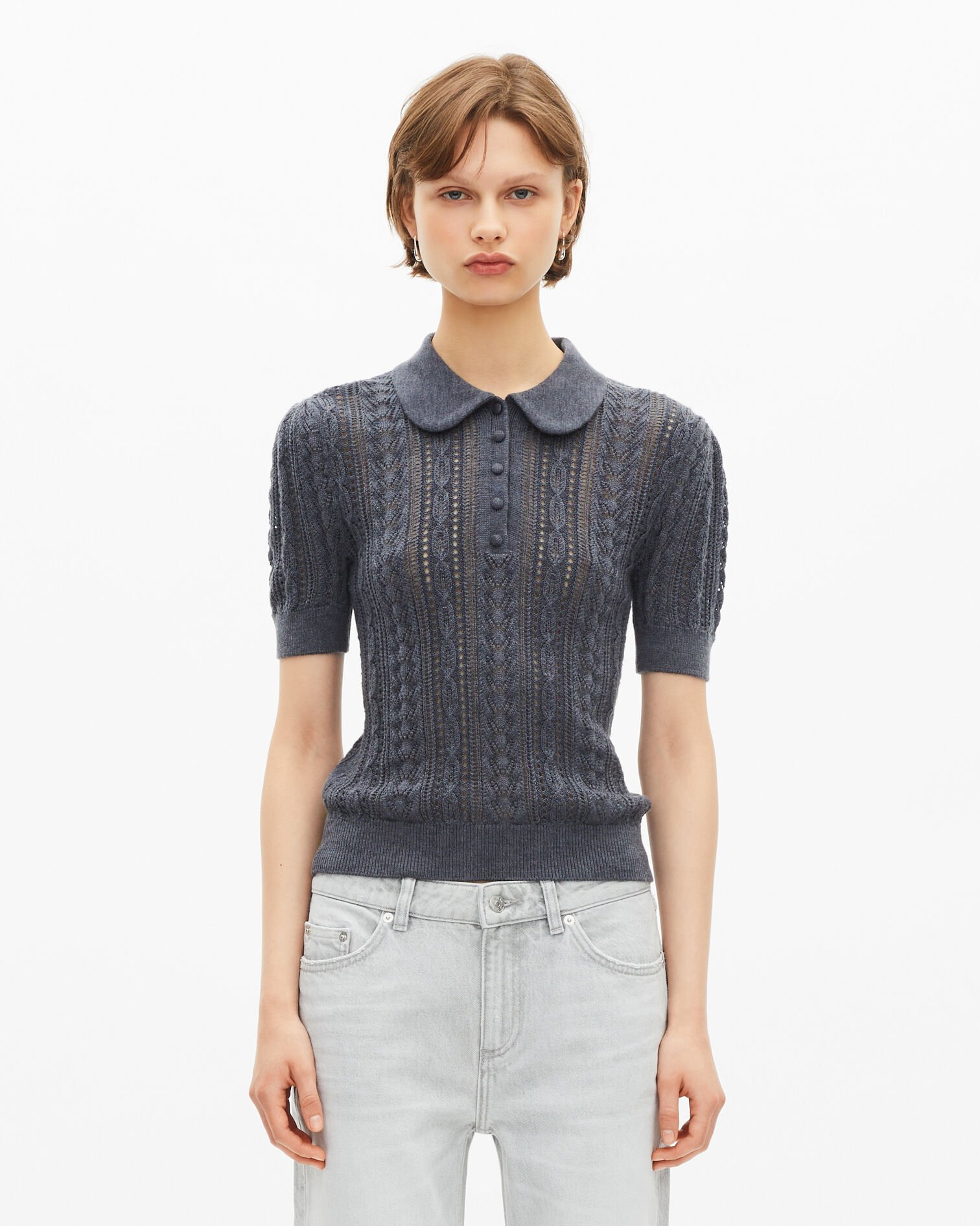 Pull manches courtes en laine mérinos gris, ANTHRACITE, hi-res image number null