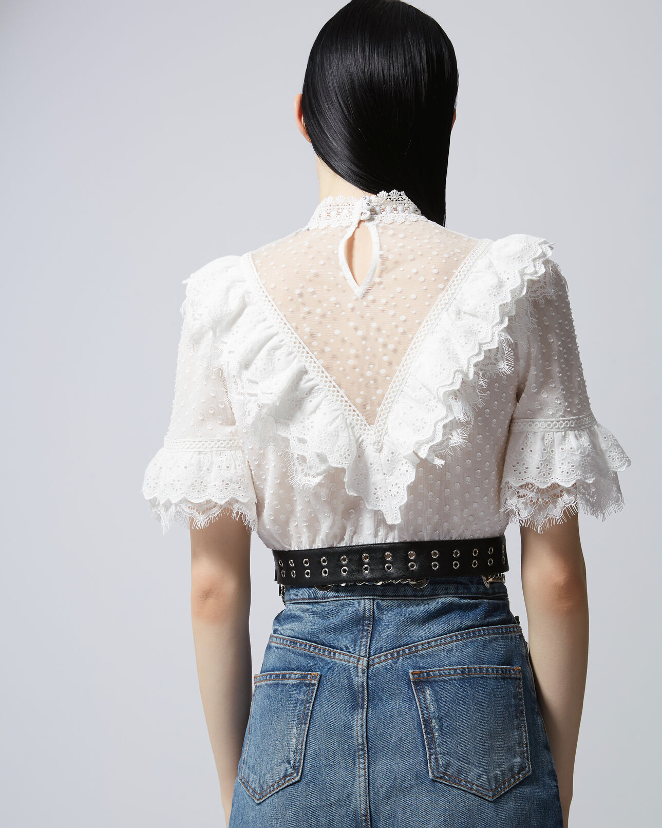 The Kooples MUJER ECRU top bordado blanco crudo cinturón efecto piel