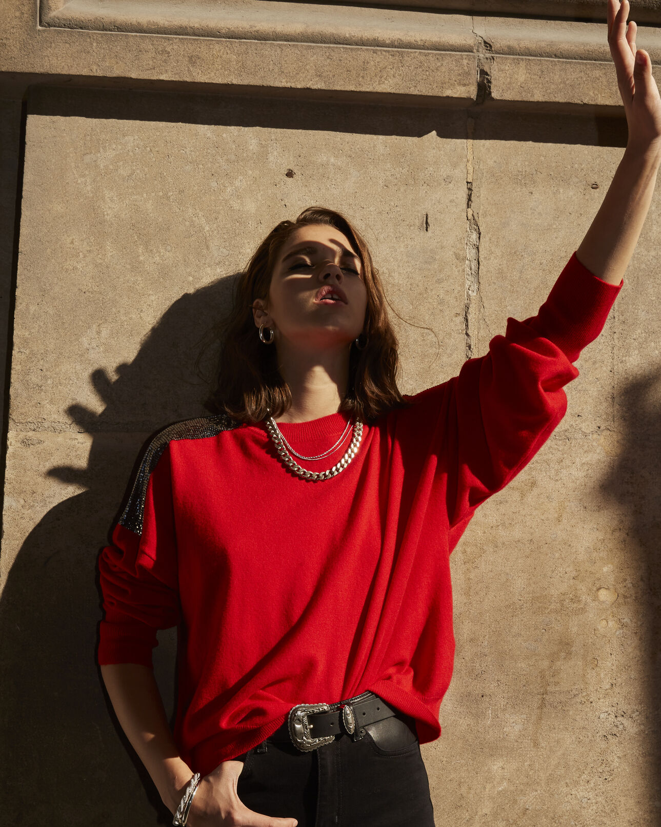 The Kooples FEMME RED pull cachemire rouge façon cotte de mailles