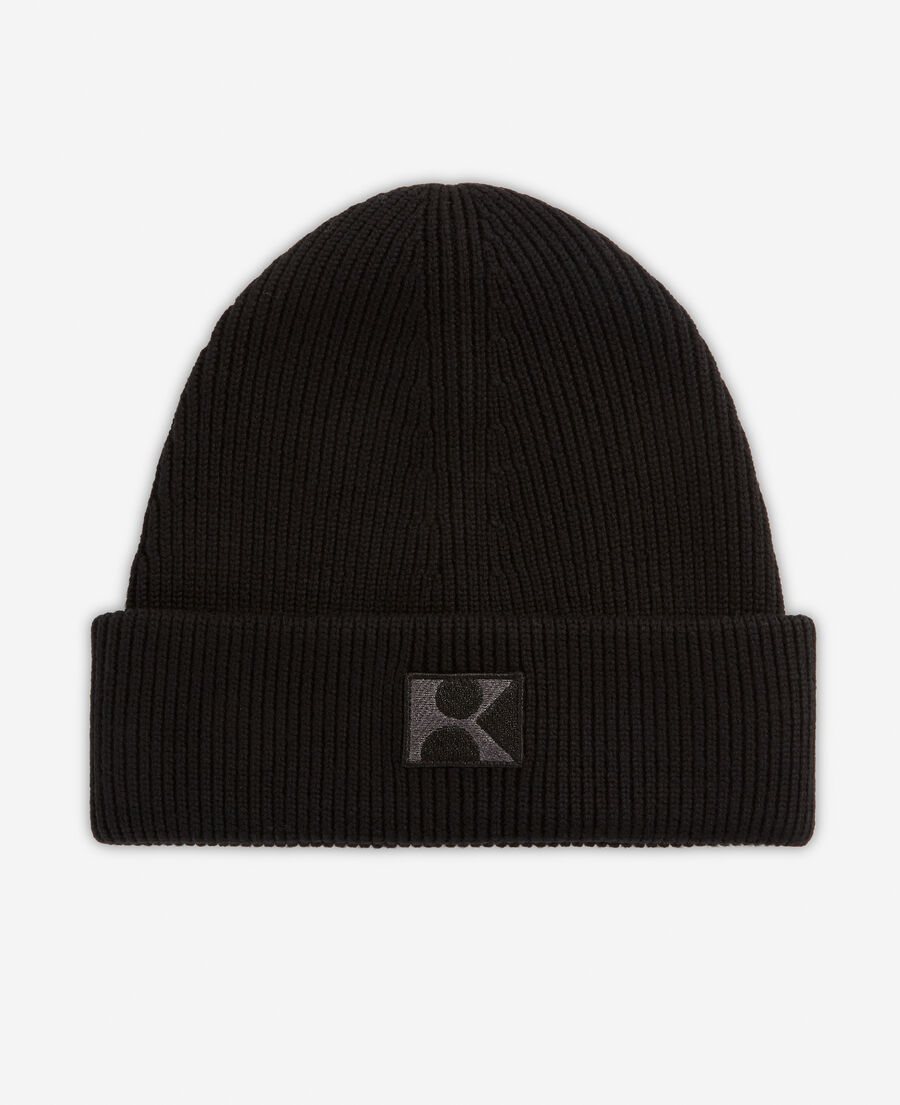 black wool beanie with embroidered k patch