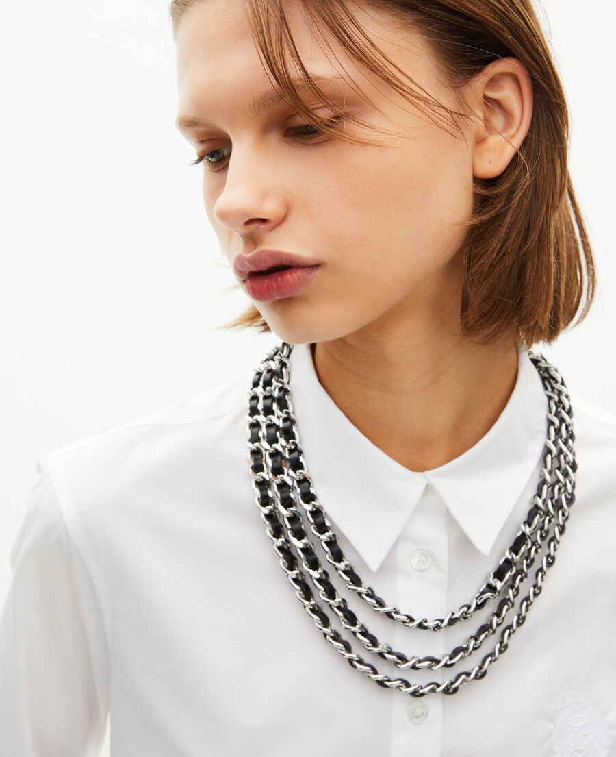 The Kooples WOMEN BLACK SILVER necklace with leather and silver chains