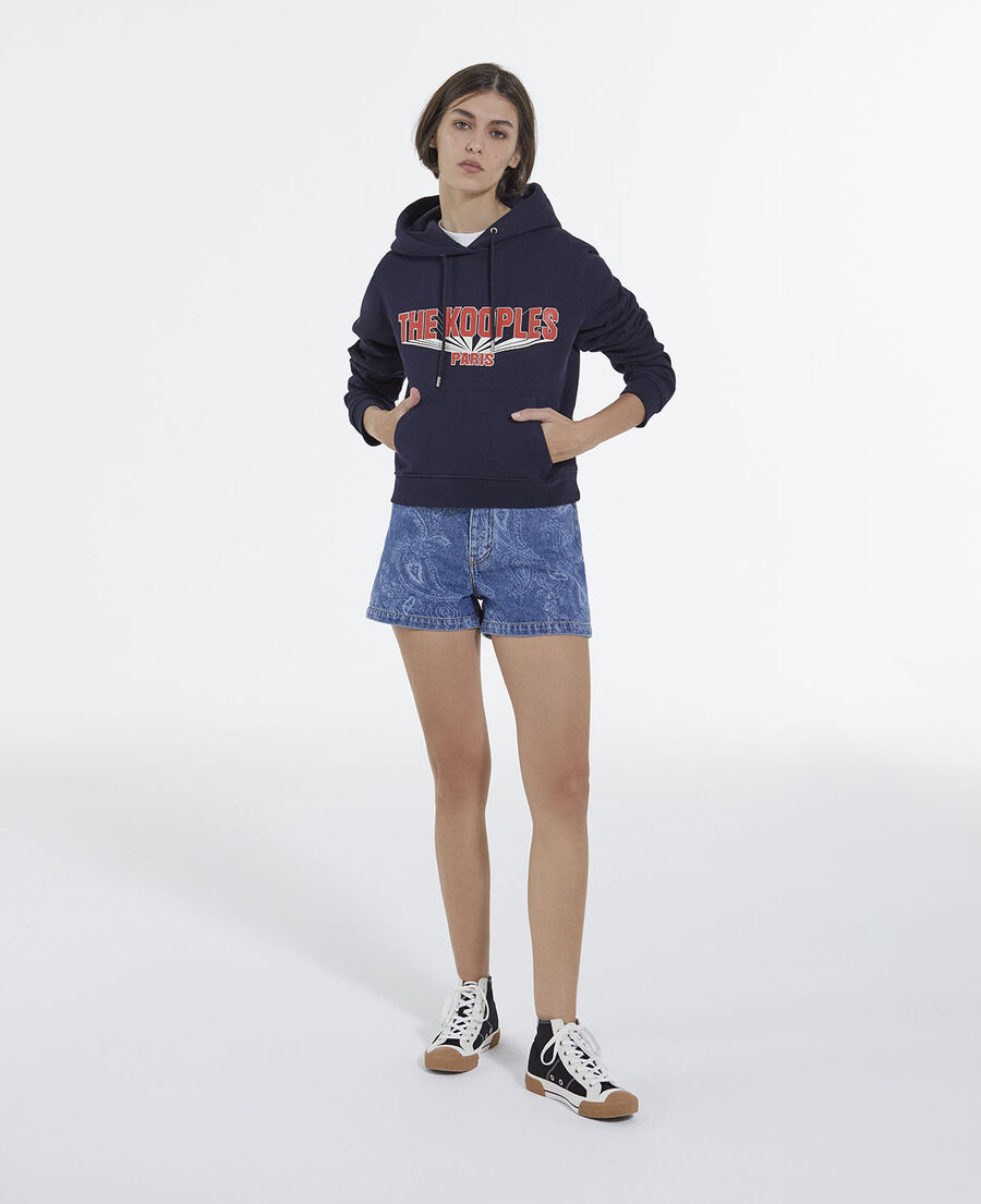 Sweat bleu marine capuche et logo rouge | The Kooples