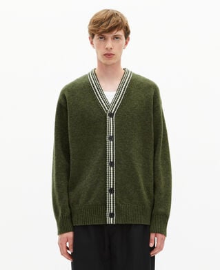 The Kooples H GREEN wool cardigan with khaki contrasting stripes