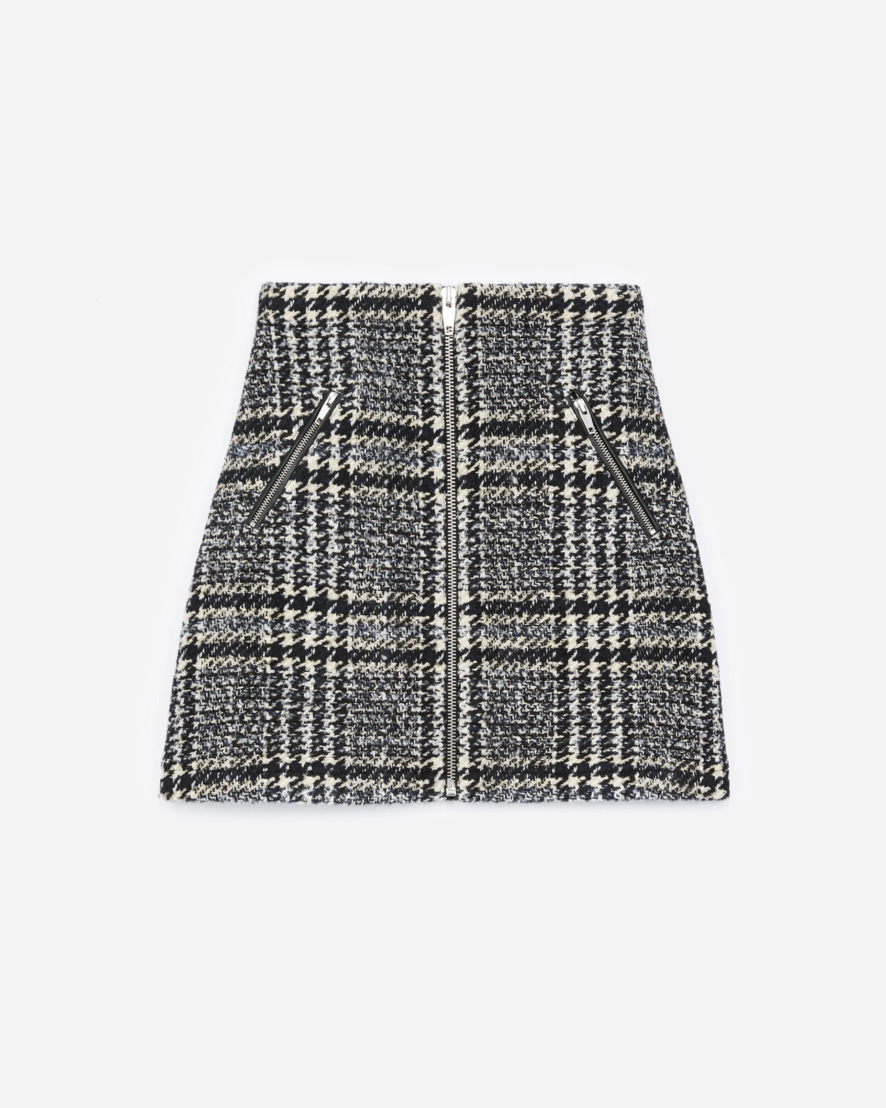 The Kooples WOMEN DARK NAVY short blue tweed skirt with leather detail