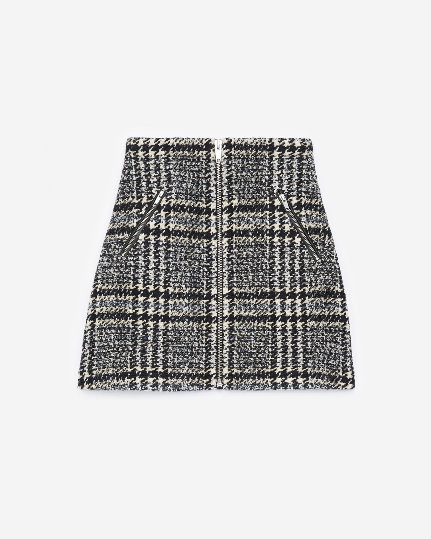 Short blue tweed skirt with leather detail, DARK NAVY, hi-res image number null