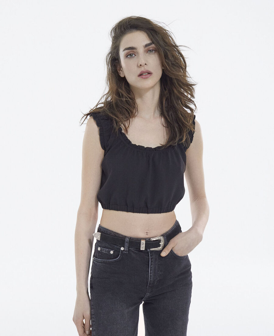 black crepe top with short puffed sleeves