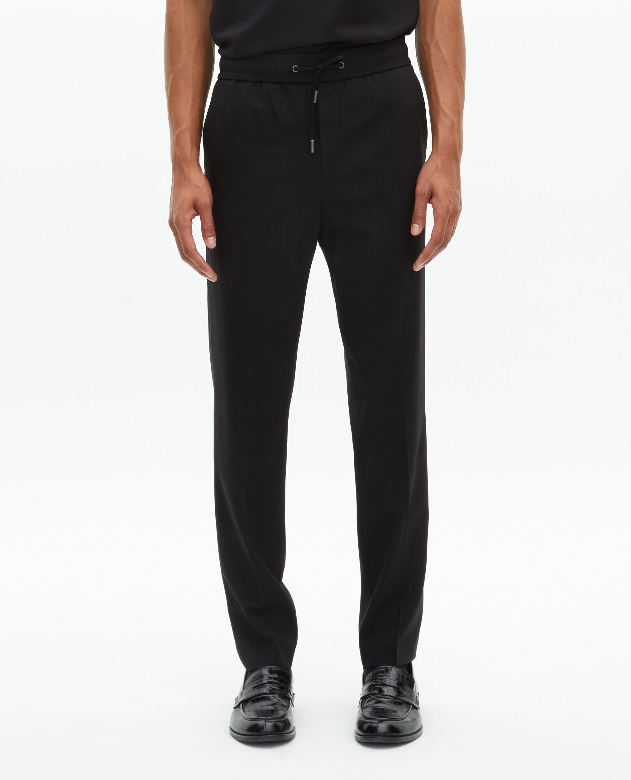 Black wool straight elasticated trousers, BLACK, hi-res image number null