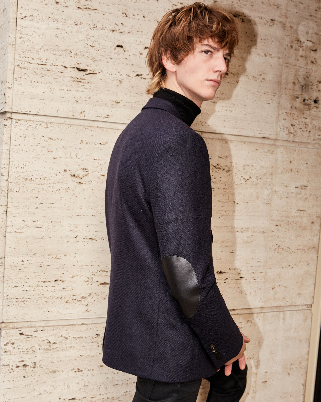 The Kooples HOMME DARK NAVY veste laine navy à coudières en cuir