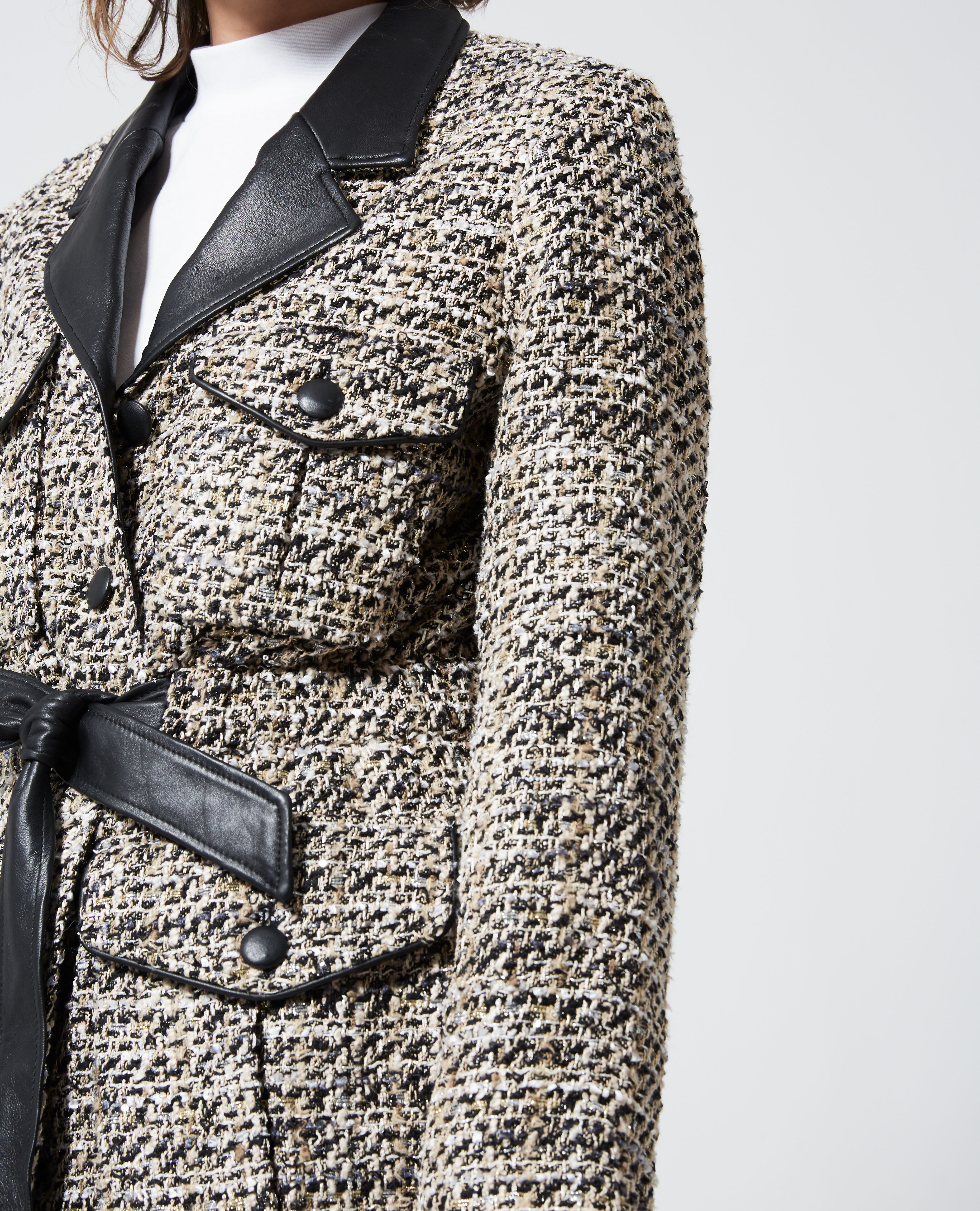 Fitted grey tweed jacket with leather details The Kooples