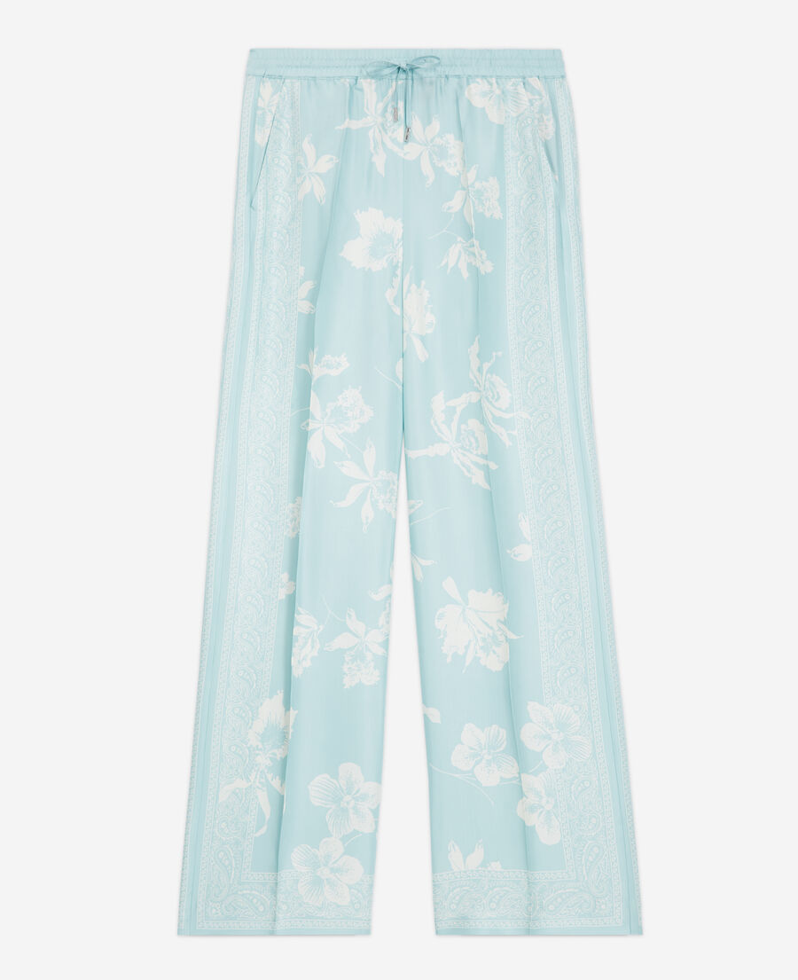 flowing blue and white pants with scarf motif