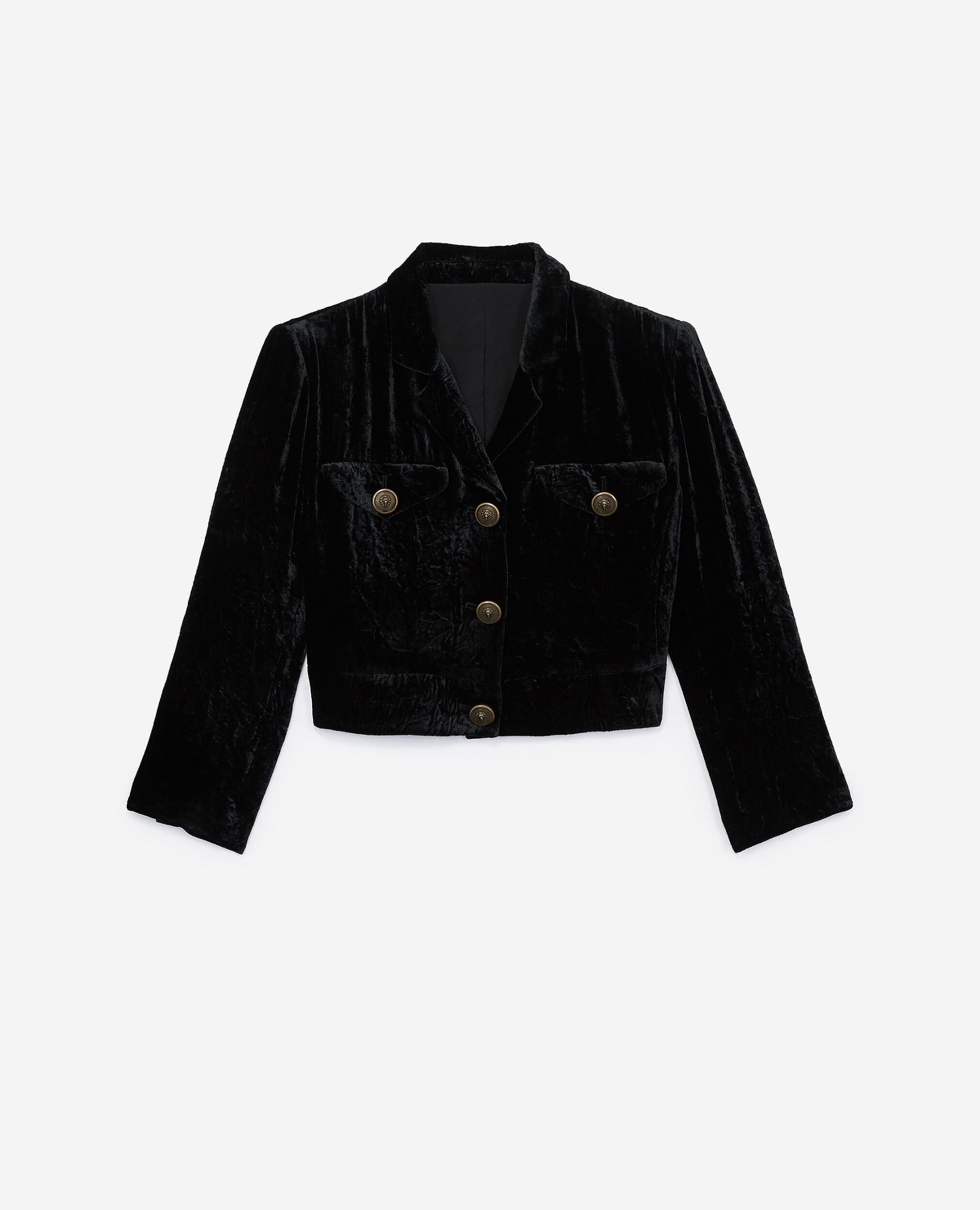 Schwarze Jacke aus Spiegelsamt mit aufgesetzten Taschen, BLACK, hi-res image number null