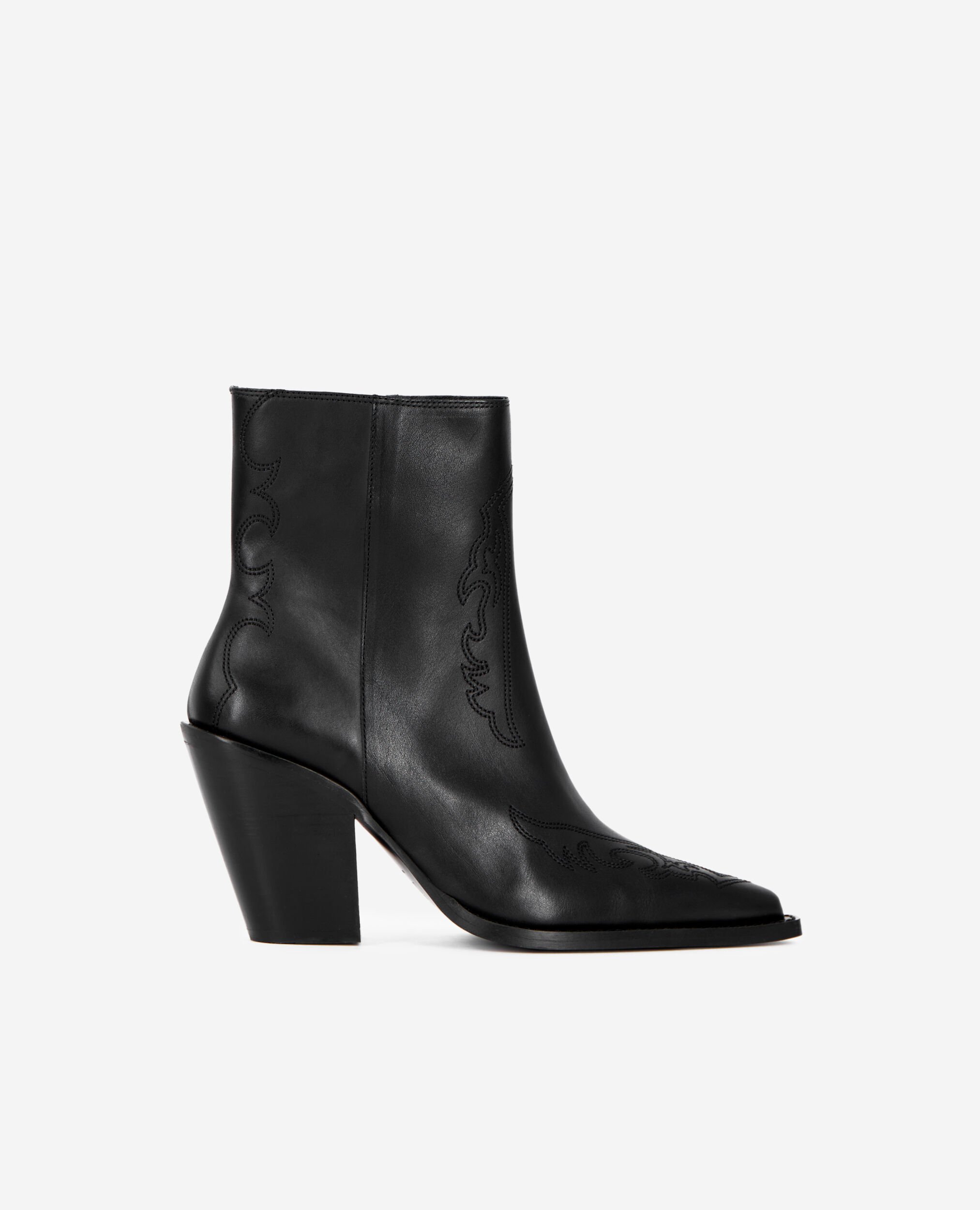 Black leather heeled ankle boots, BLACK, hi-res image number null