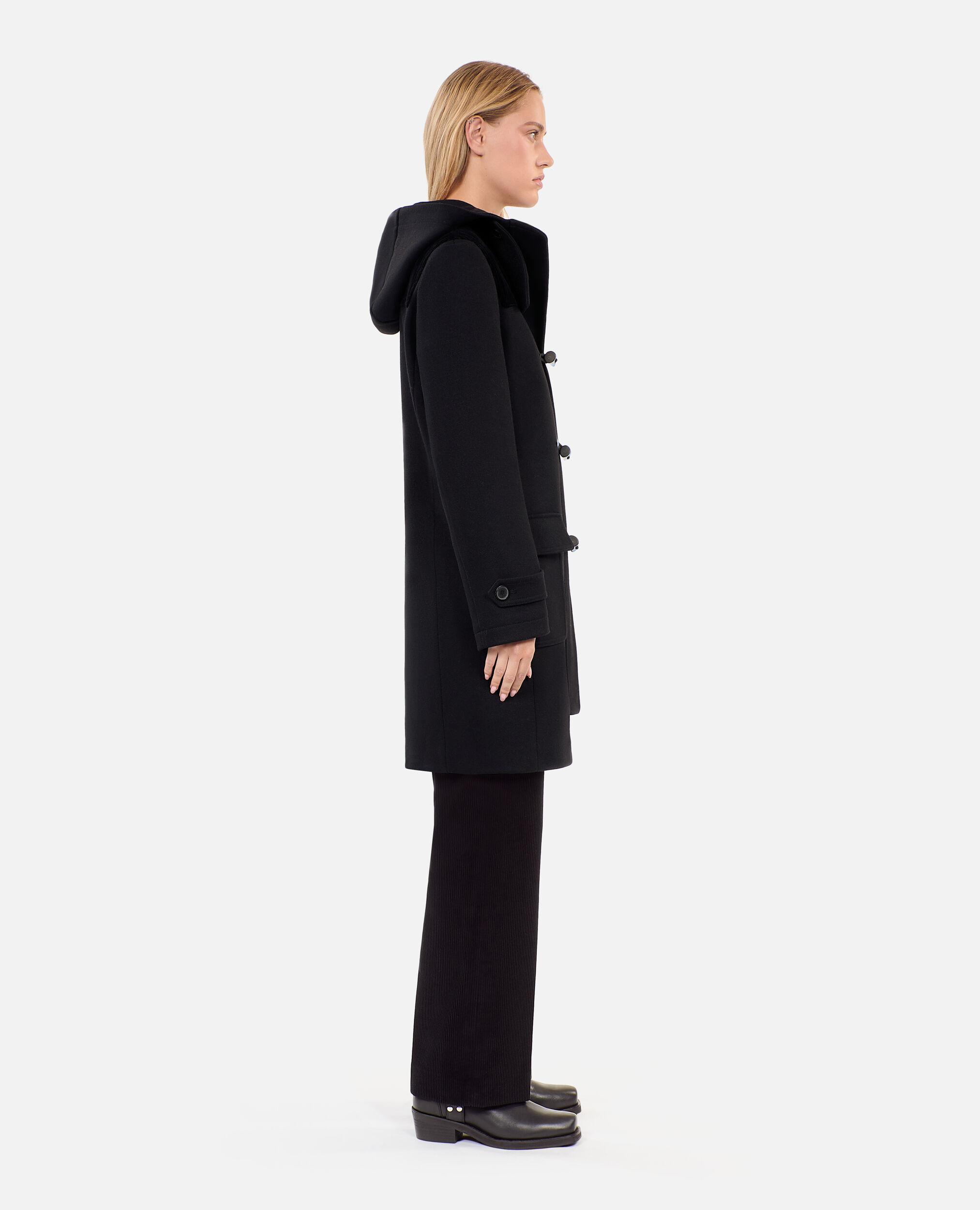 Black hooded pea coat, BLACK, hi-res image number null
