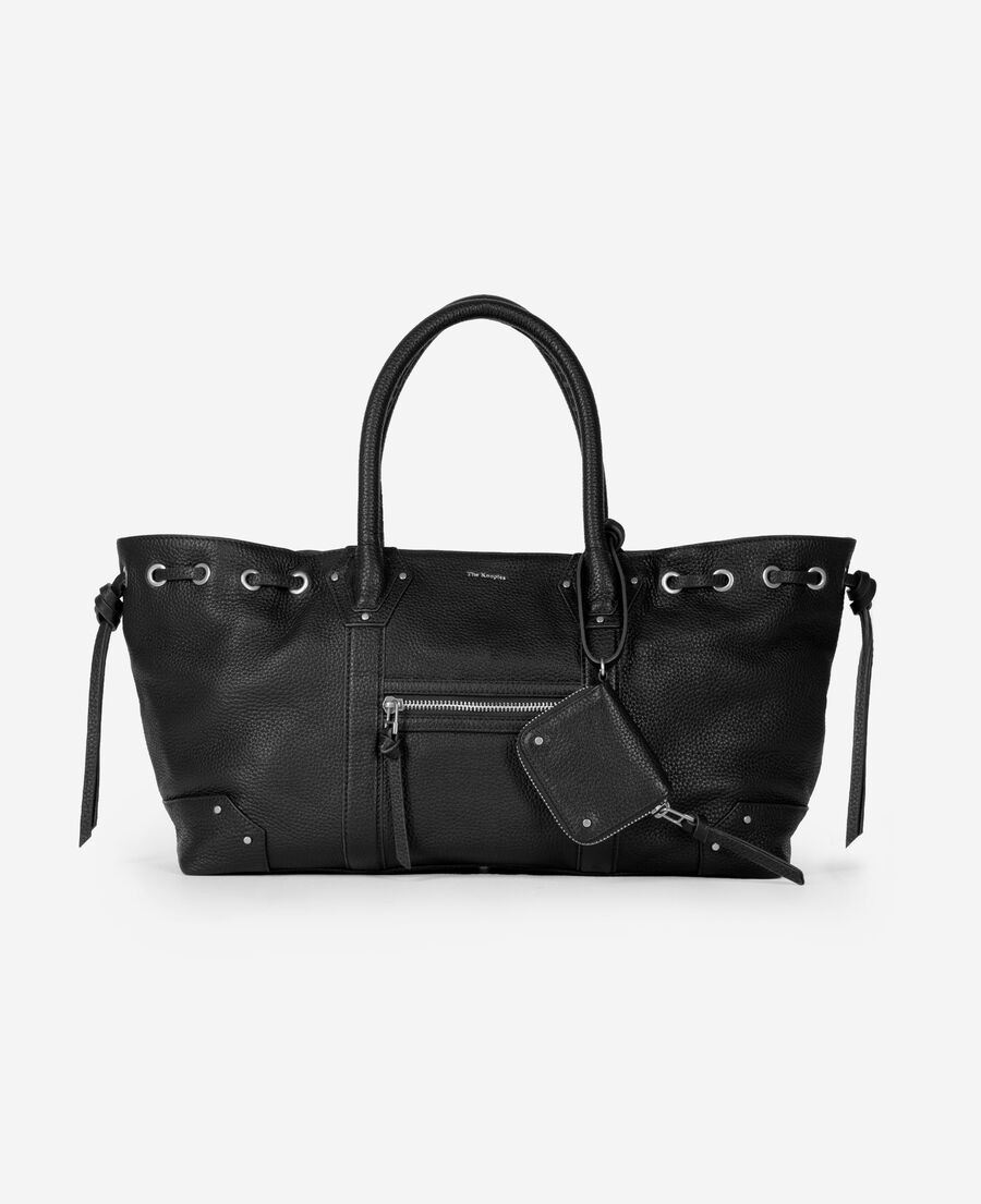 The Kooples FEMME BLACK sac cabas fronc&eacute; en cuir grain&eacute; noir