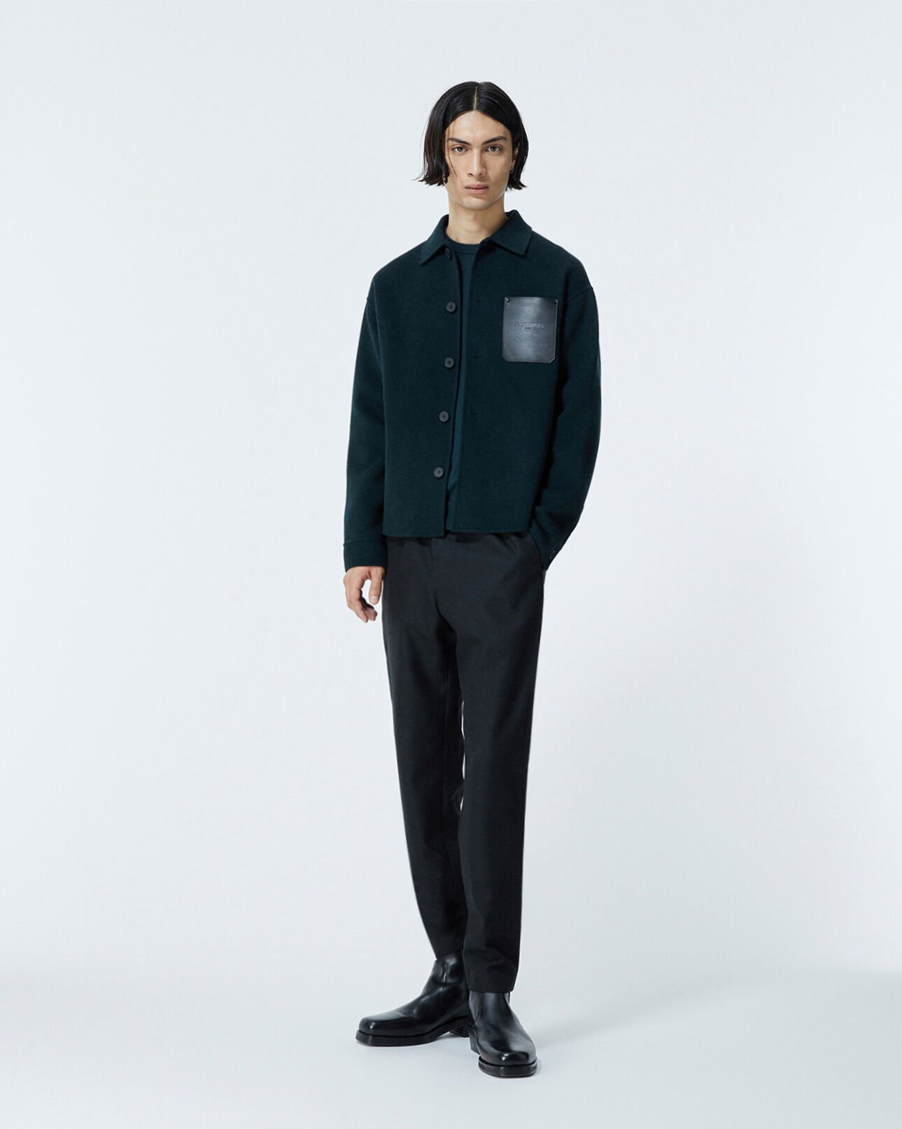The Kooples HOMME BOTTLE GREEN chemise laine vert bouteille poche cuir